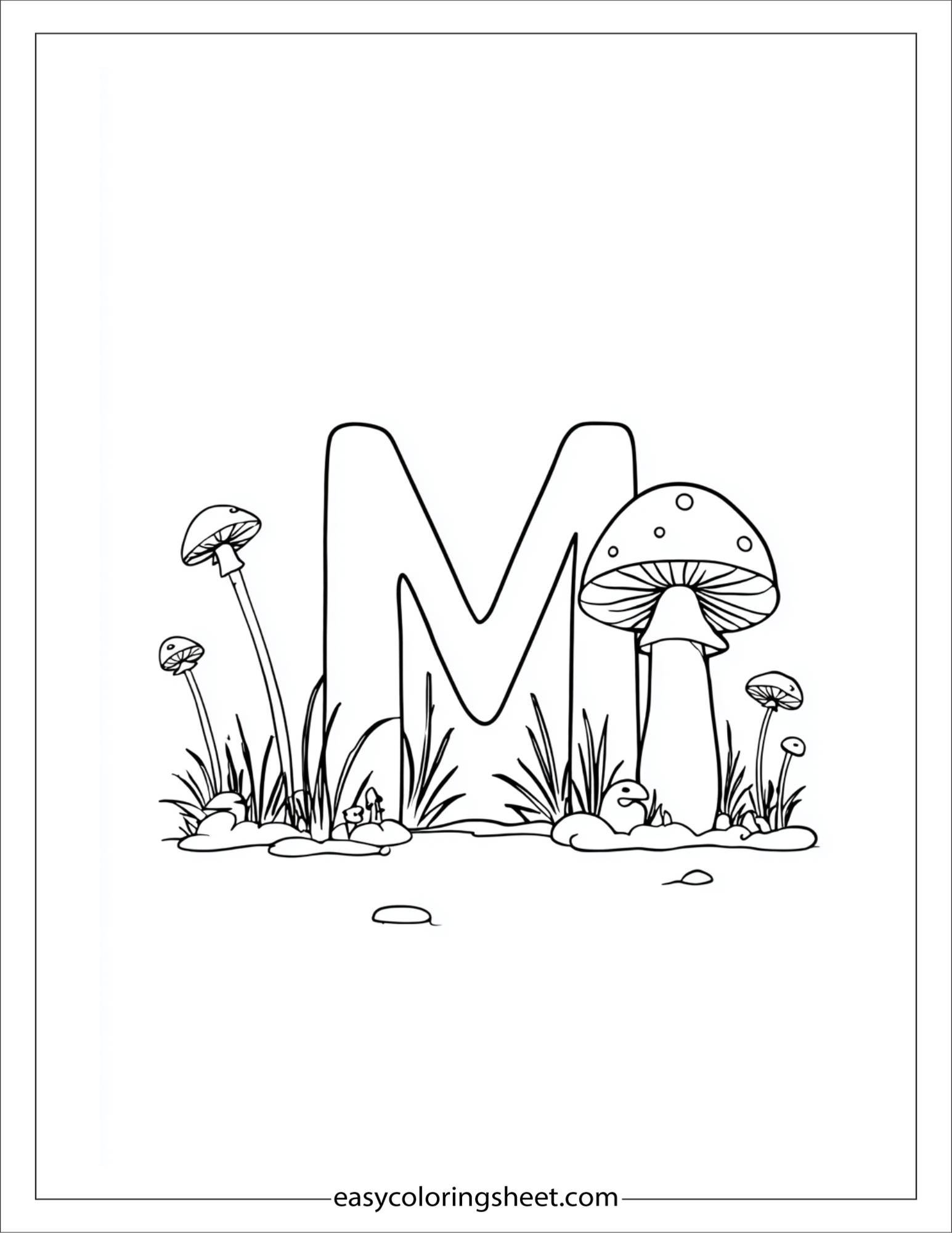 alphabet M mushroom forest coloring page
