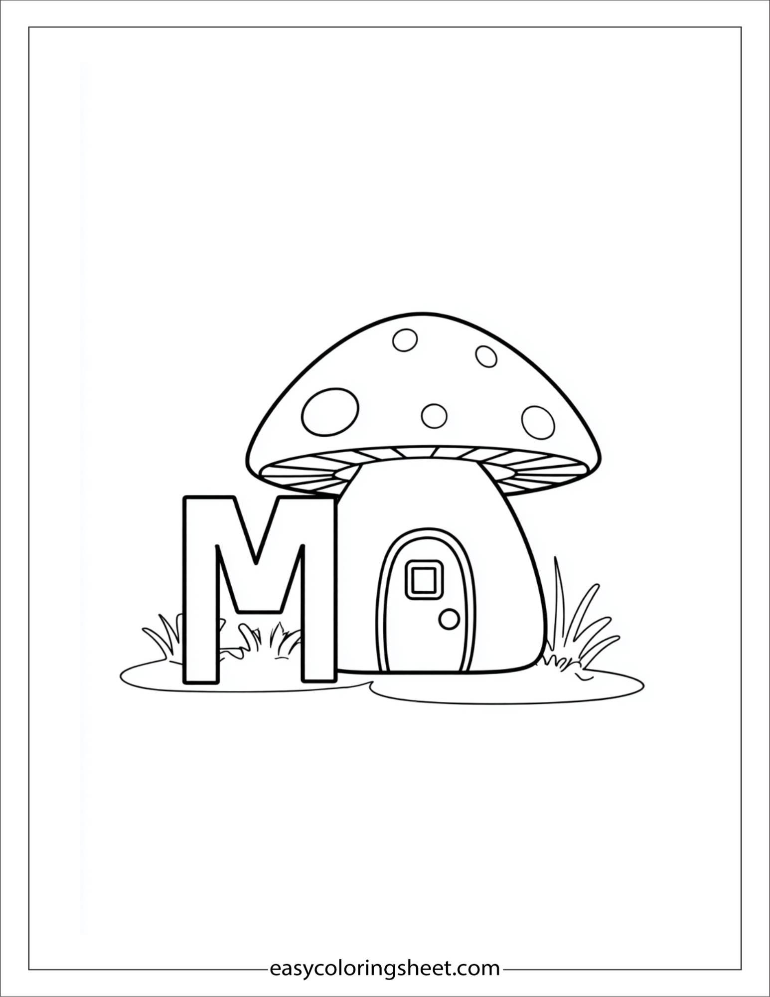 alphabet M mushroom house coloring page