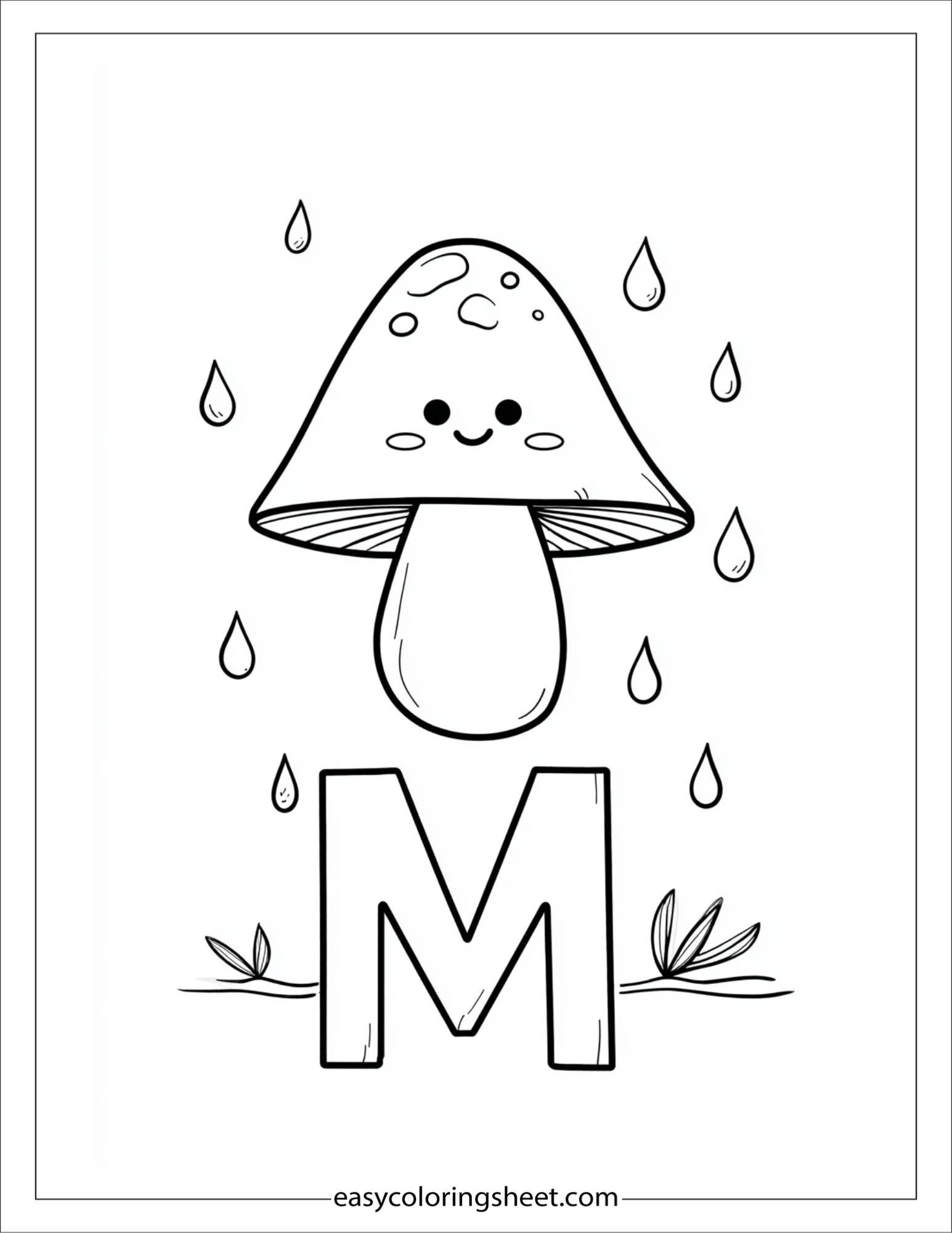 alphabet M mushroom rain coloring page