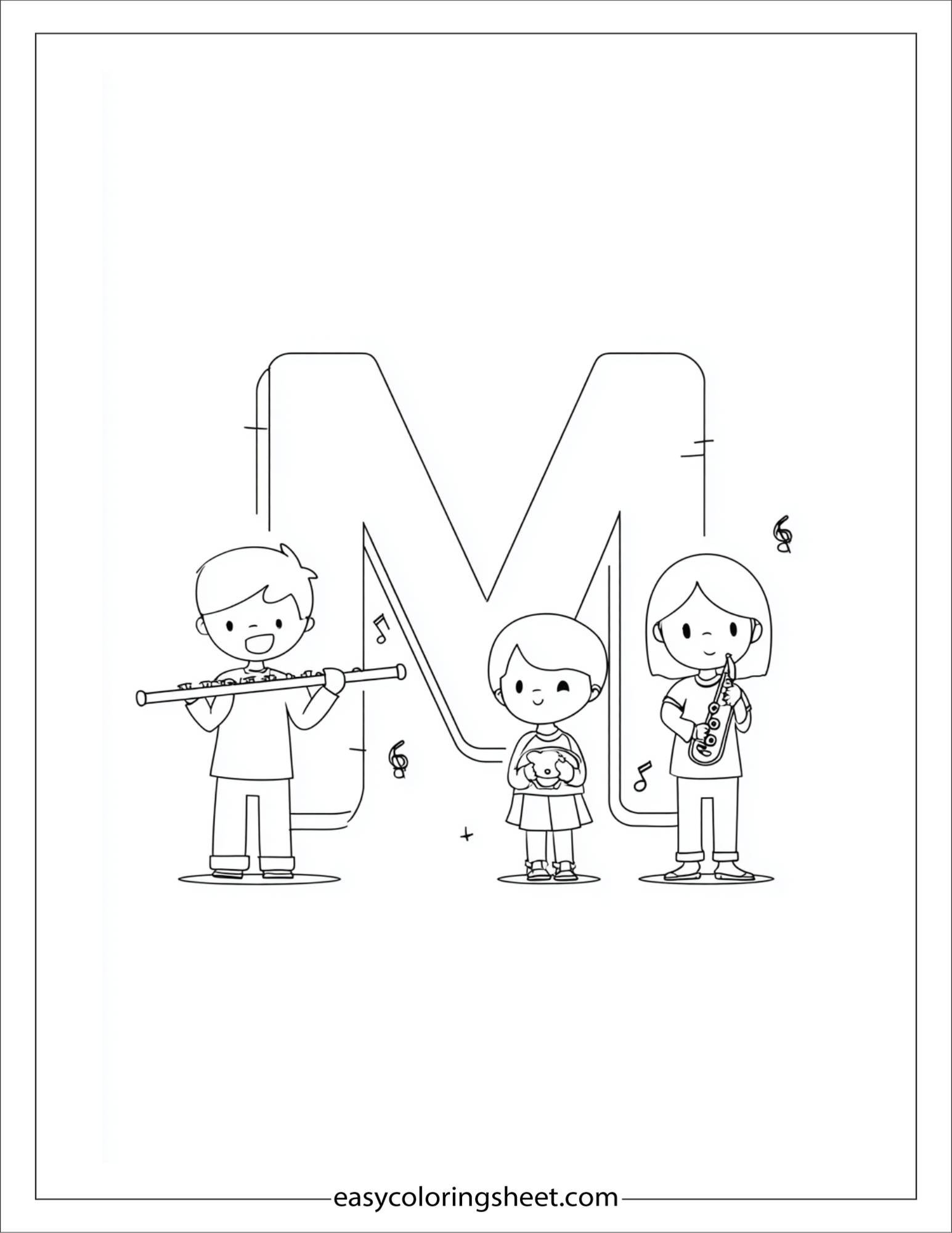 alphabet M music band coloring page