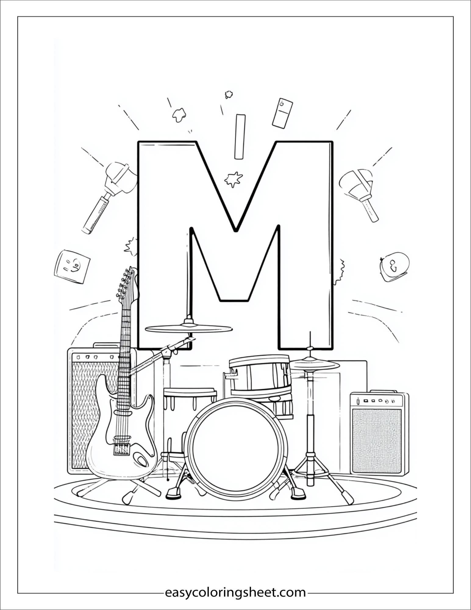 alphabet M music instruments coloring page