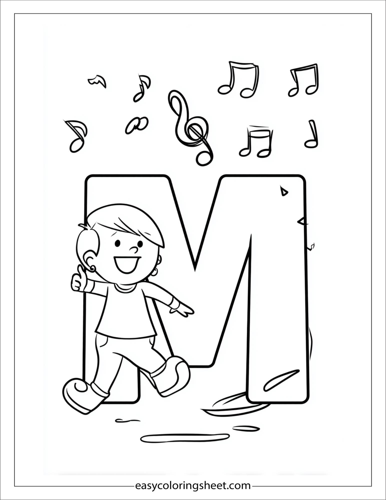 alphabet M music notes coloring page