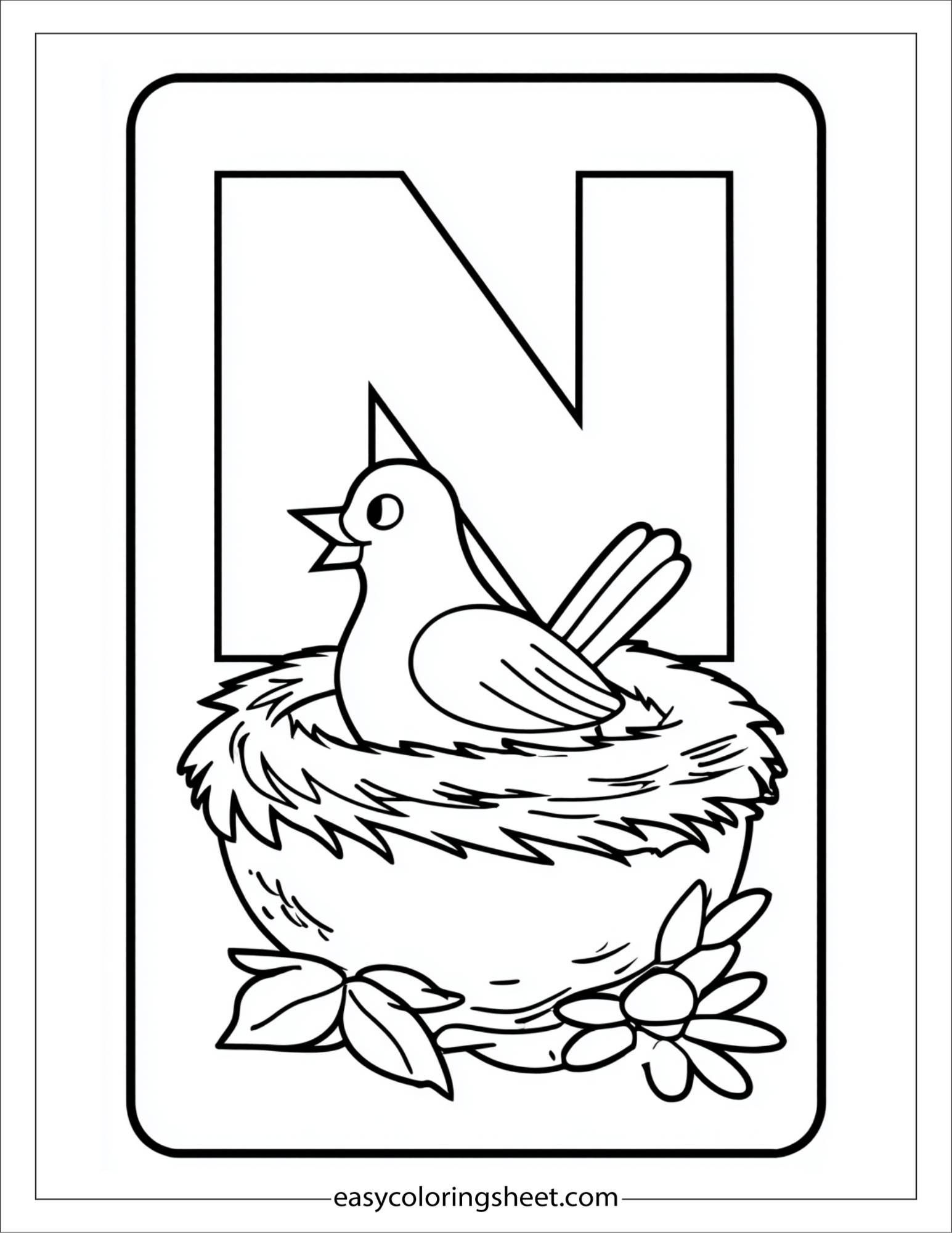 alphabet N nest bird coloring page