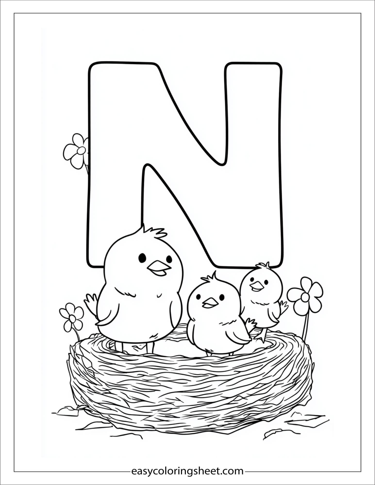 alphabet N nest chicks coloring page