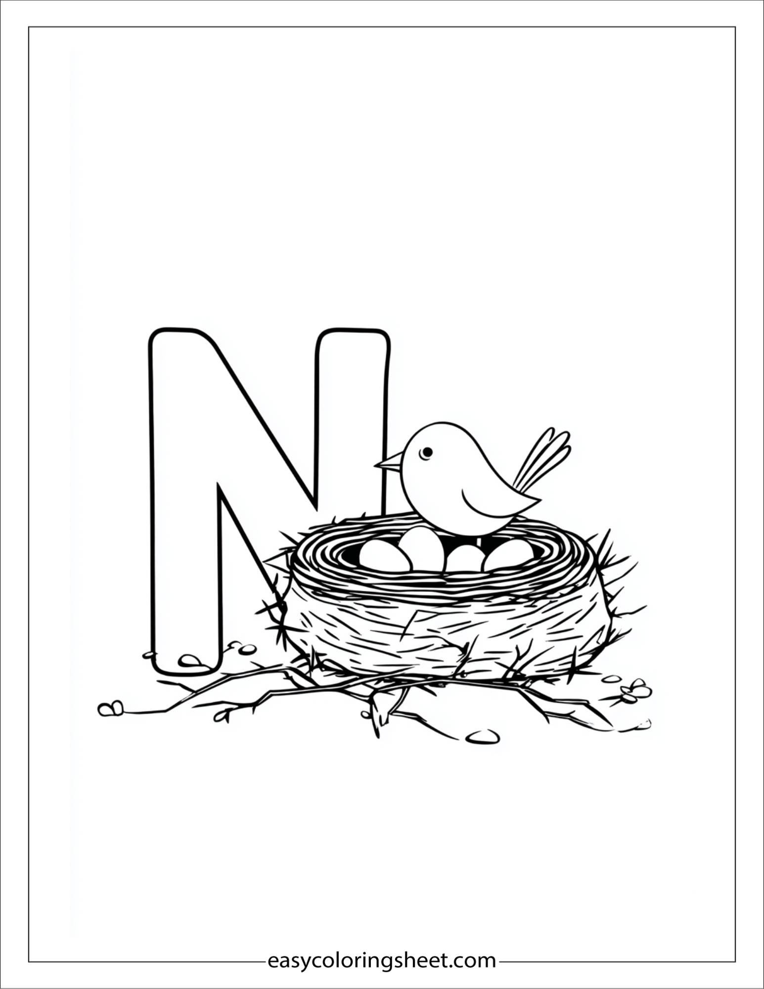 alphabet N nest coloring page
