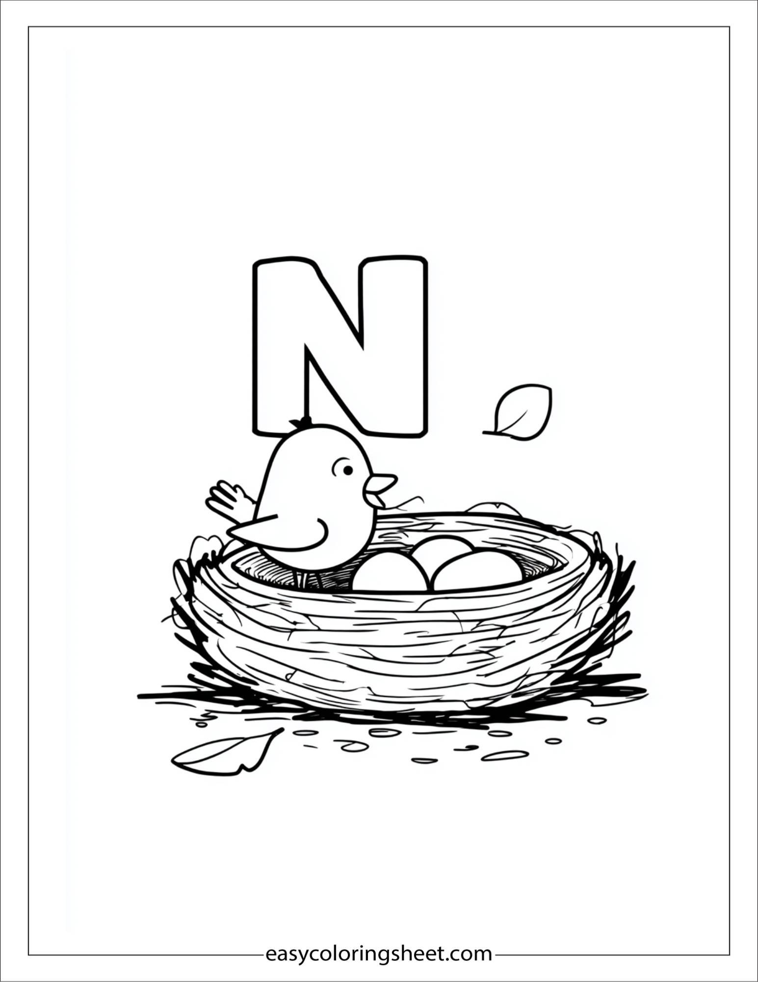 alphabet N nest eggs coloring page