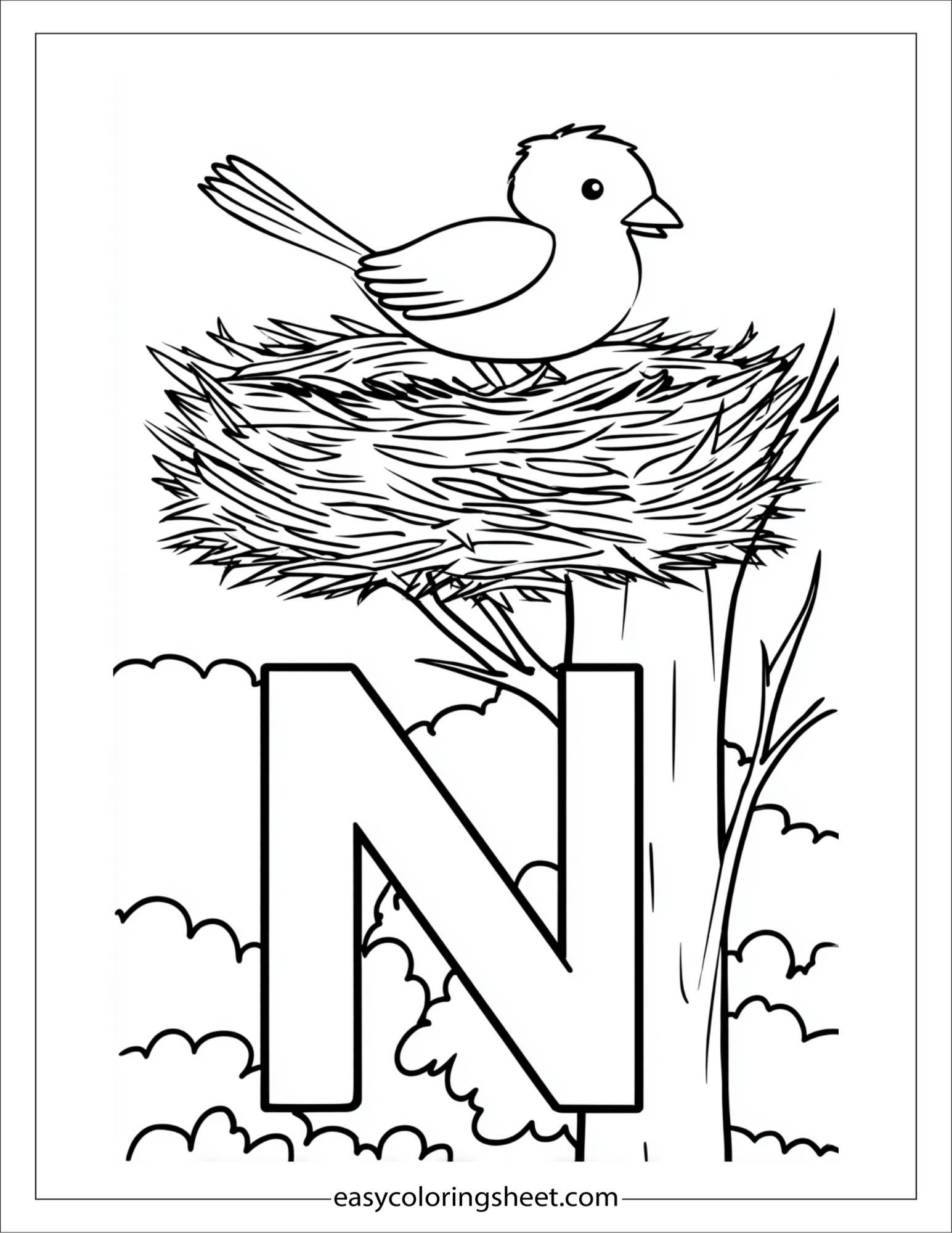 alphabet N nest tree coloring page