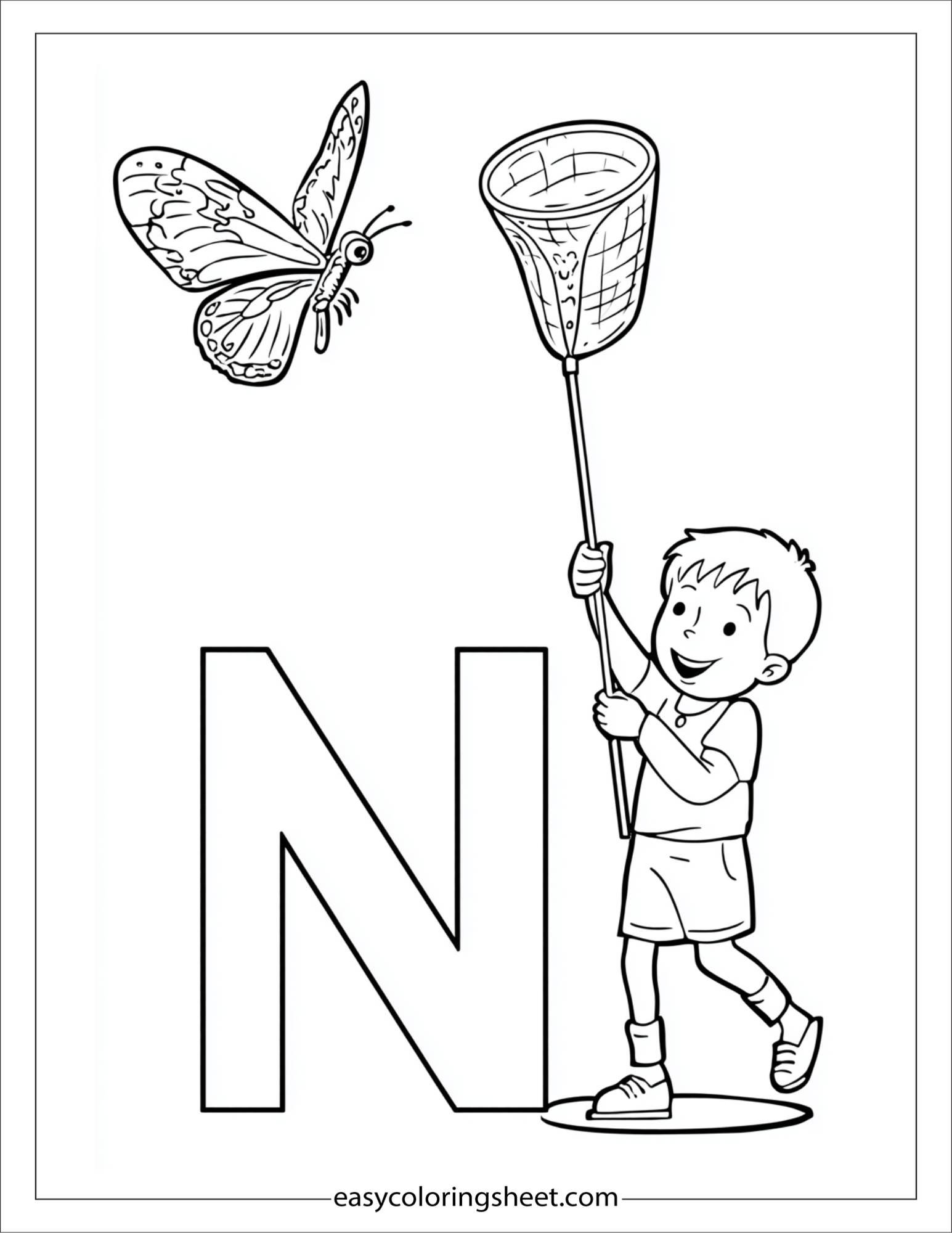 alphabet N net butterfly coloring page