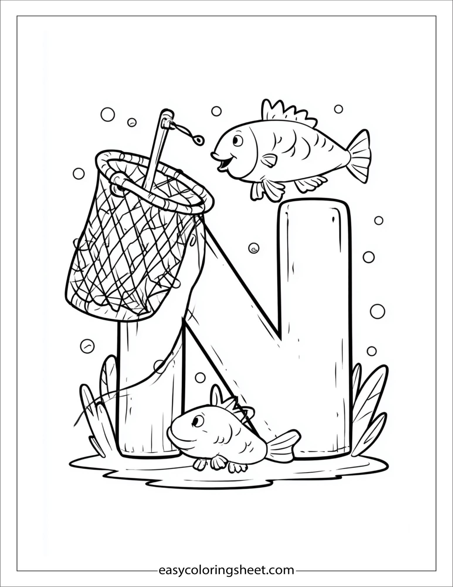 alphabet N net fish coloring page