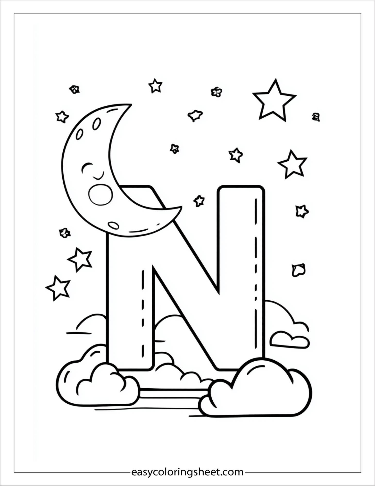 alphabet N night coloring page