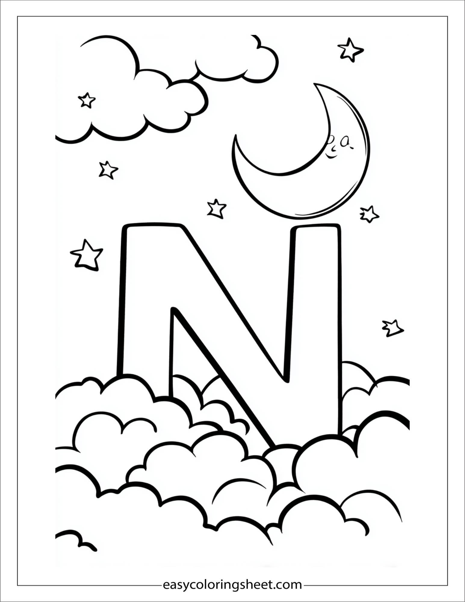 alphabet N night moon coloring page