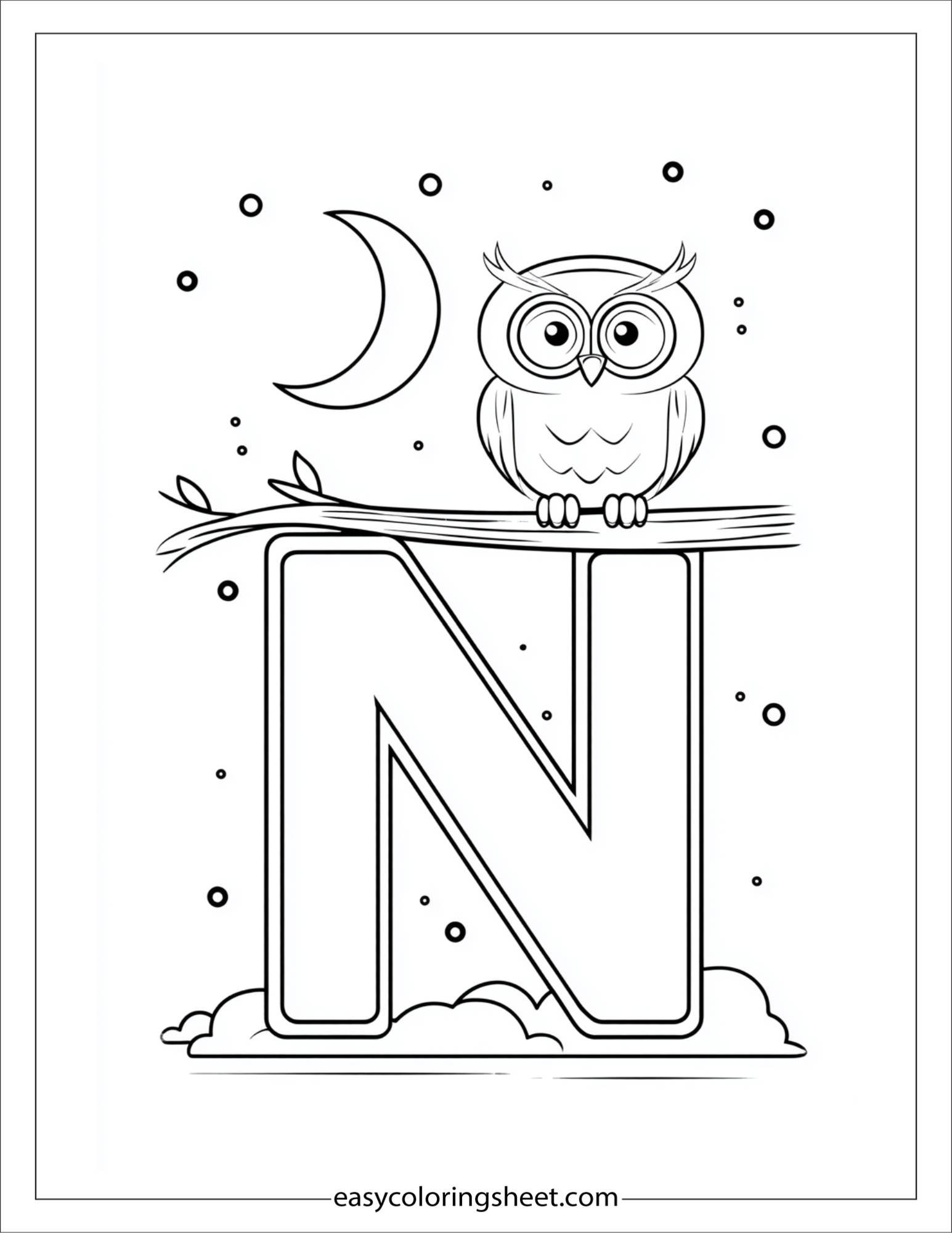 alphabet N night owl coloring page