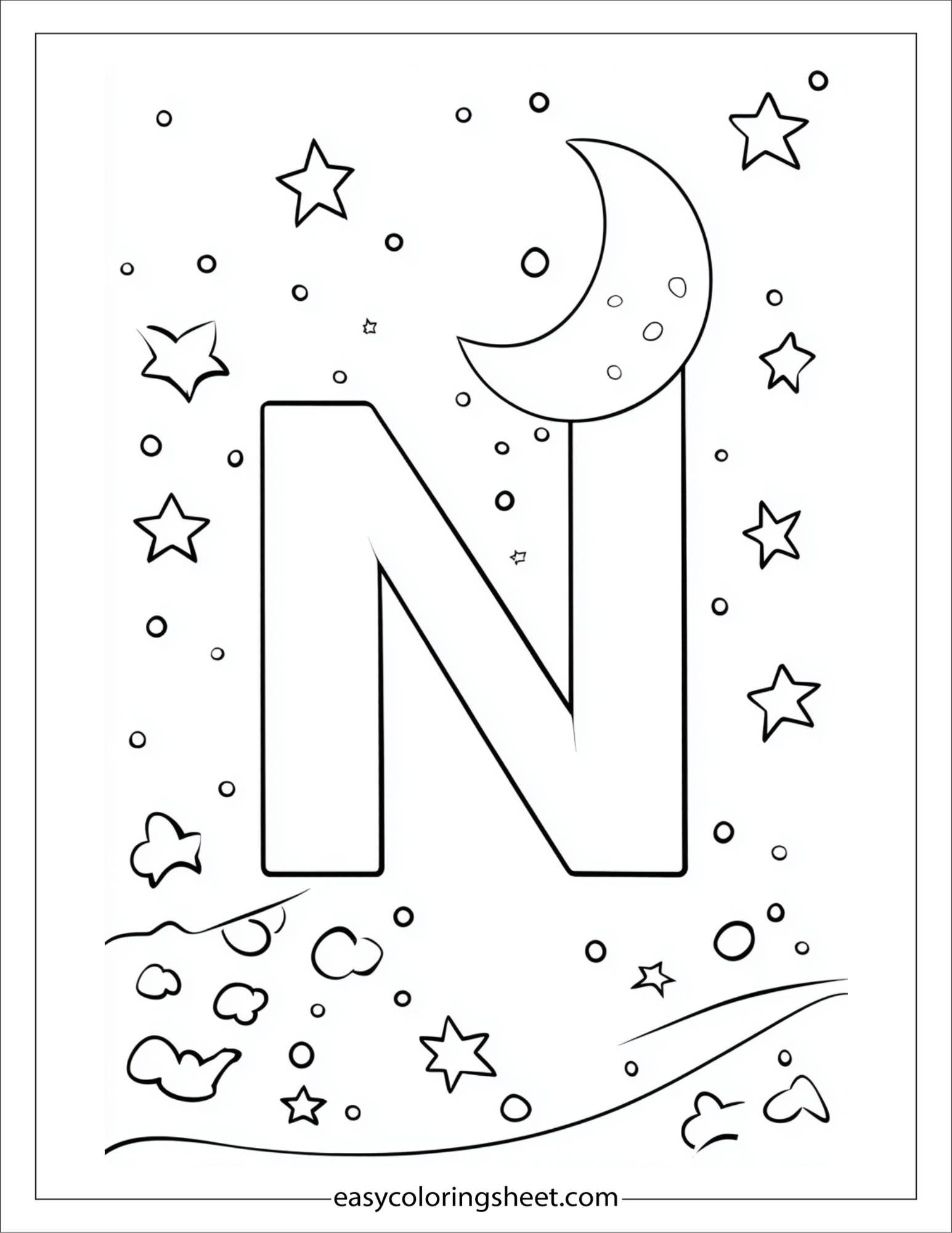 alphabet N night stars coloring page