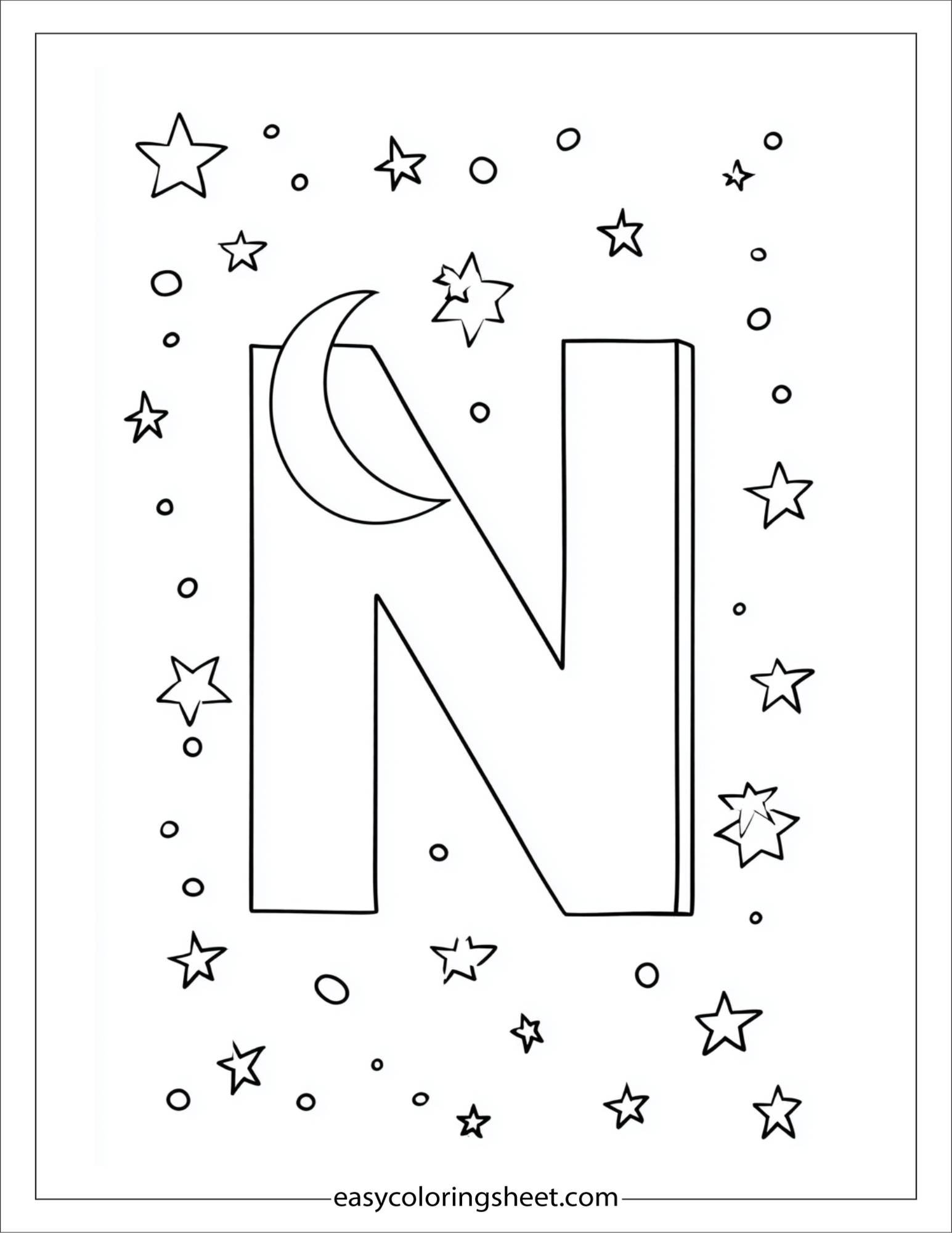 alphabet N night stars moon coloring page