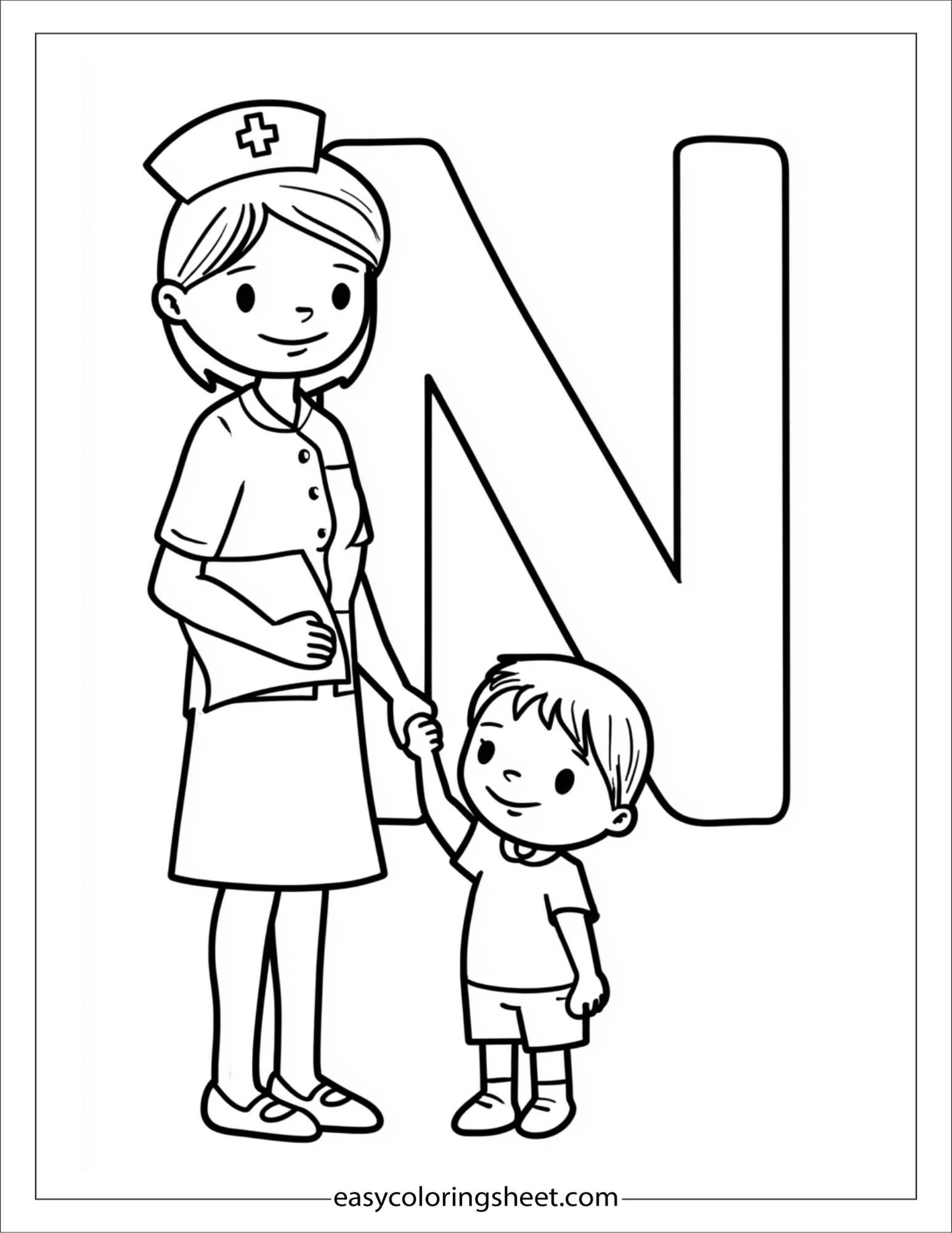alphabet N nurse child coloring page