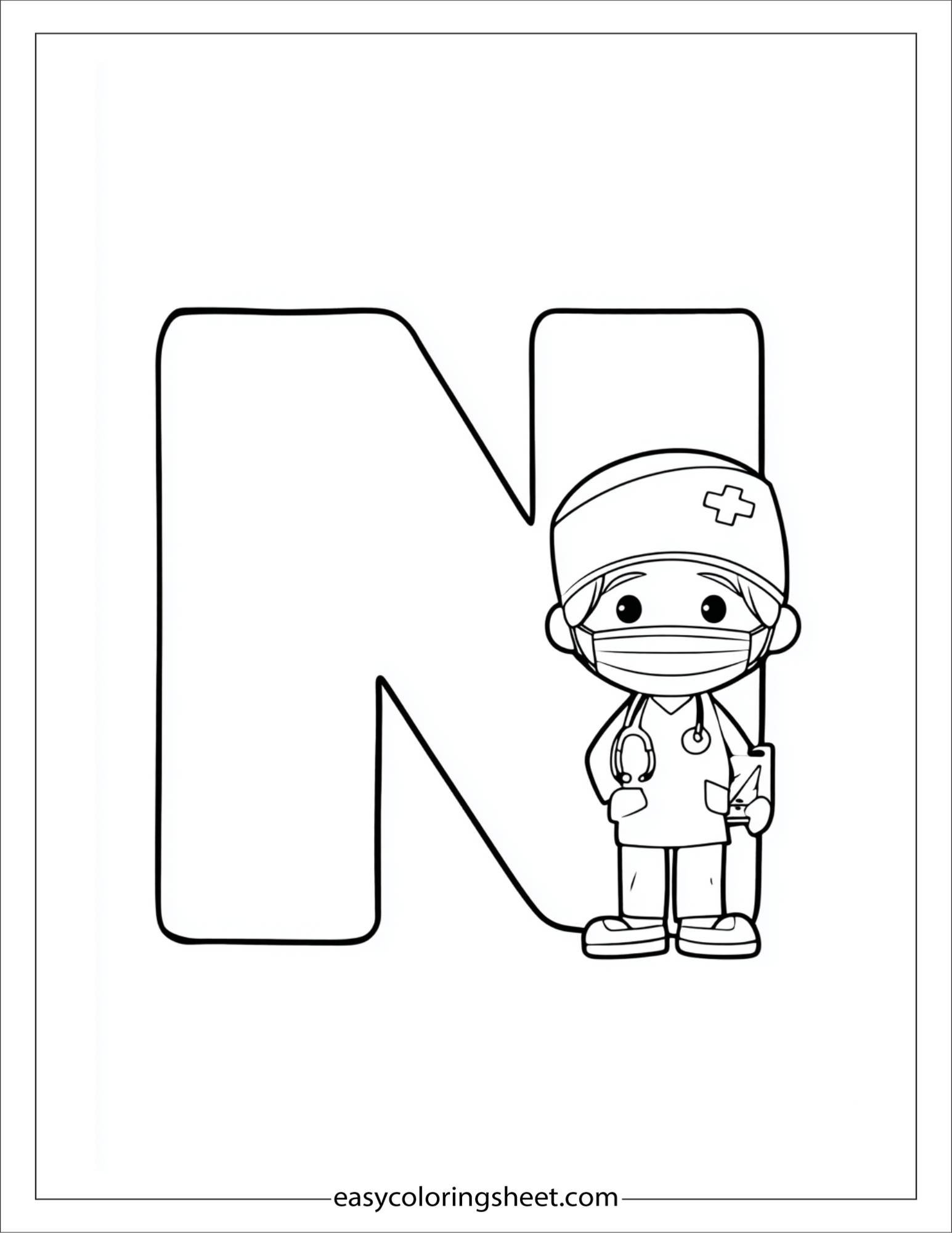 alphabet N nurse mask coloring page