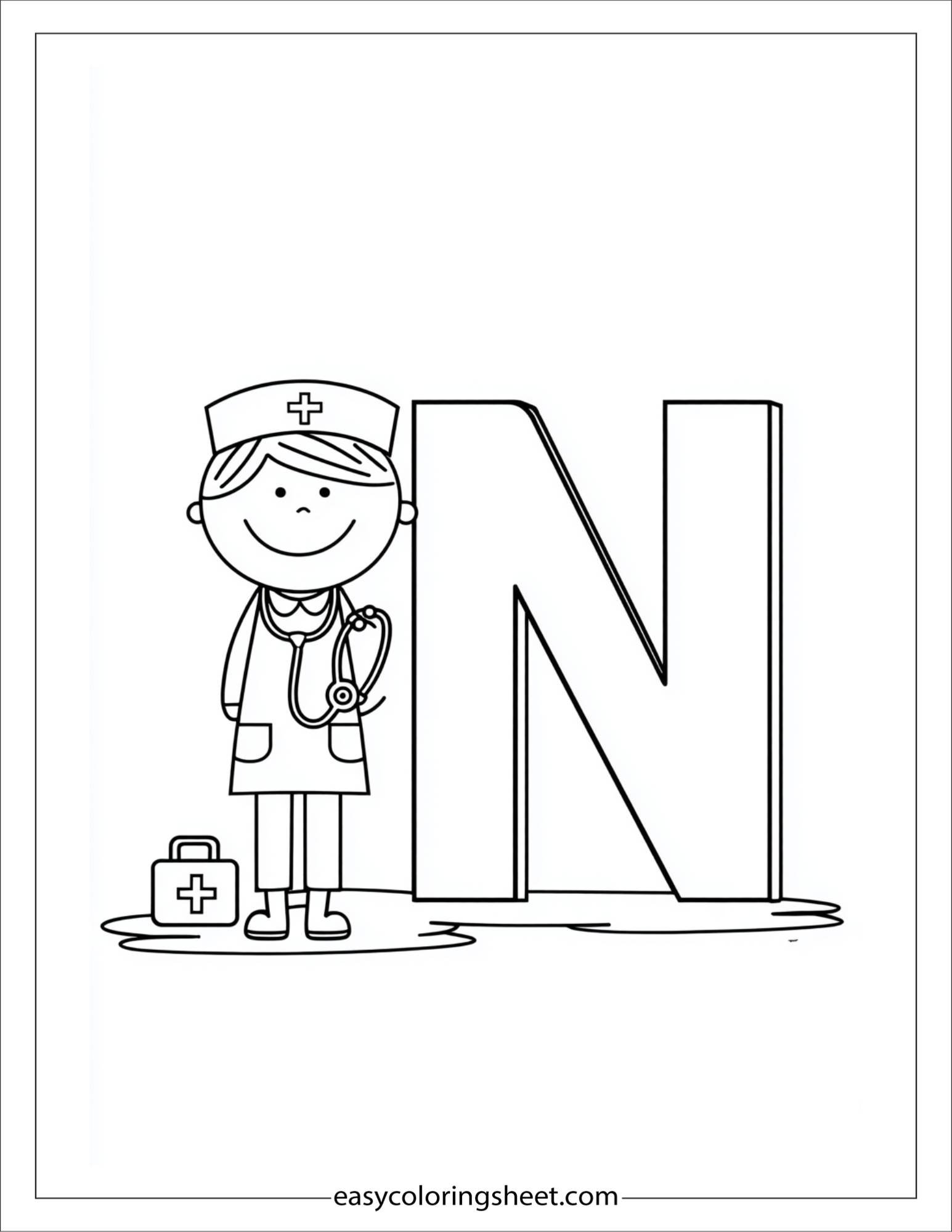 alphabet N nurse tools coloring page
