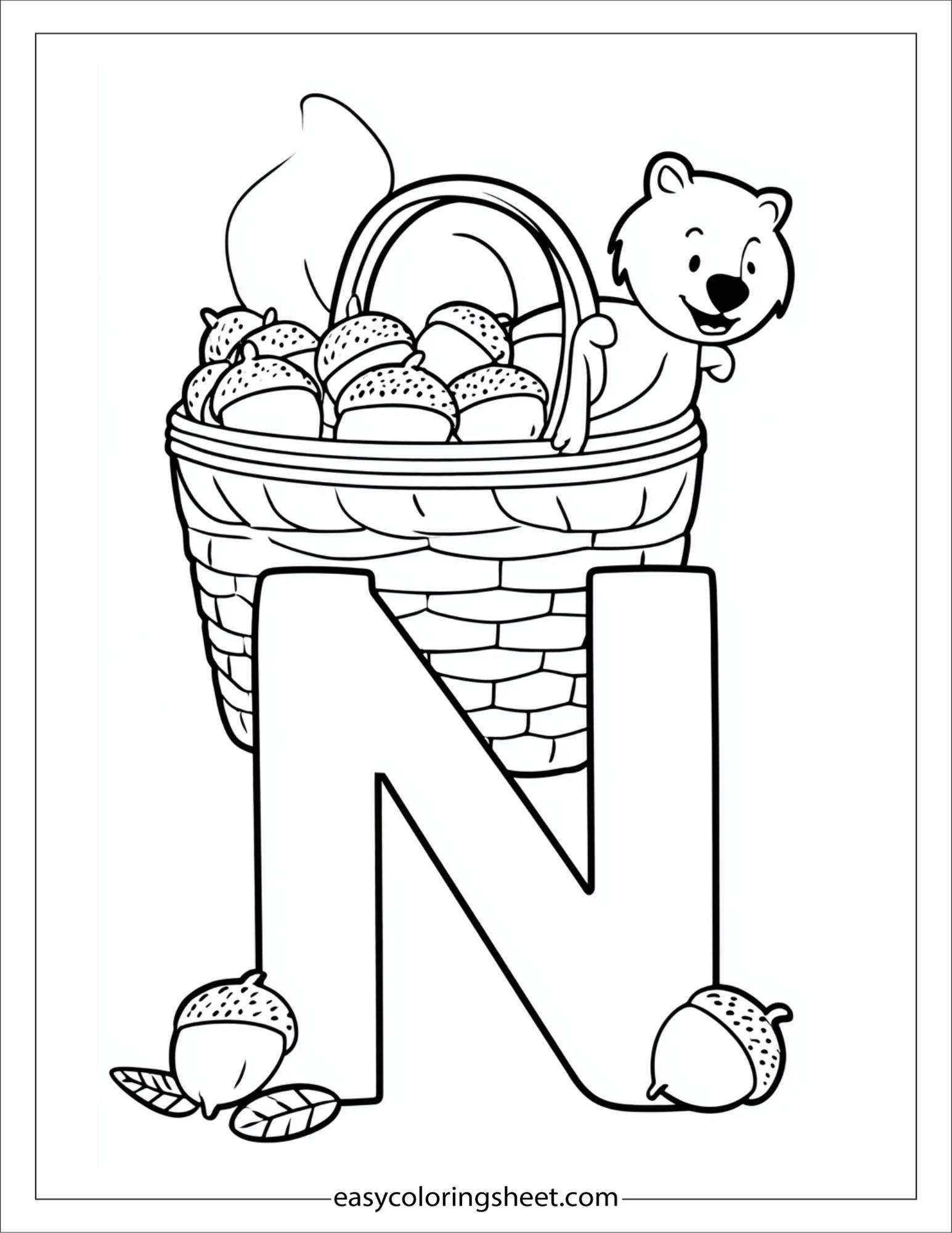 alphabet N nut basket coloring page