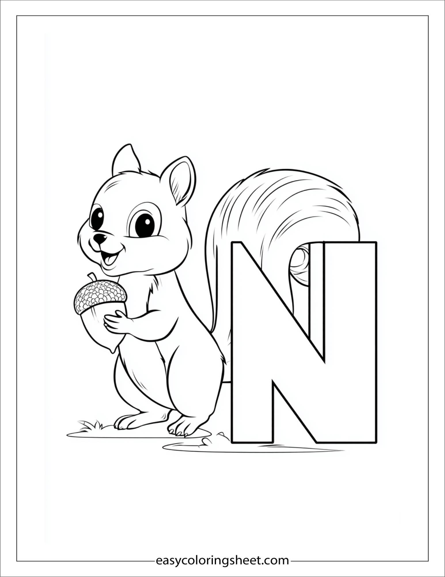 alphabet N nut squirrel coloring page