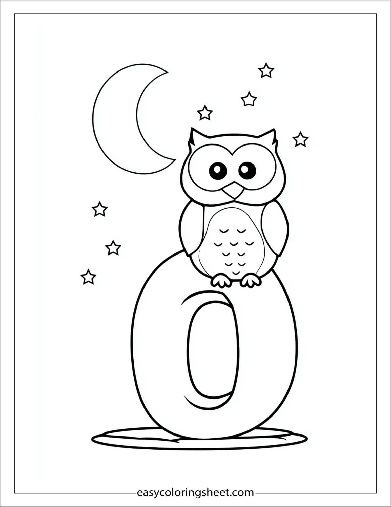 alphabet O owl moon coloring page