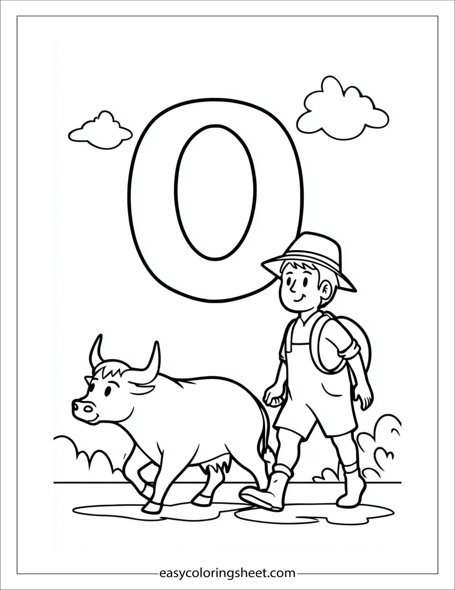 alphabet O ox farmer coloring page