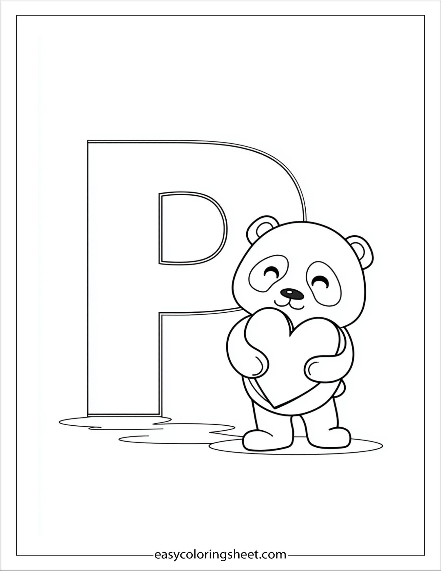 alphabet P panda heart coloring page