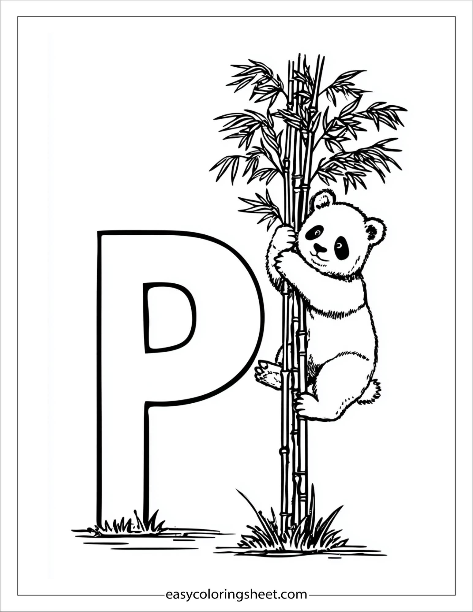 alphabet P panda tree coloring page