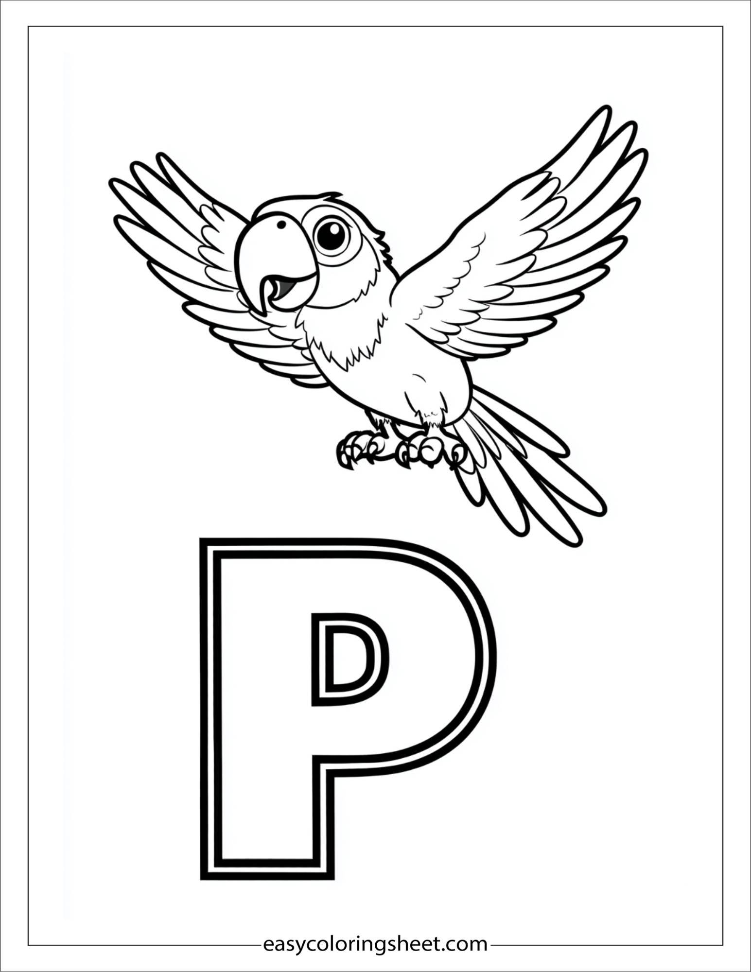 alphabet P parrot flying coloring page
