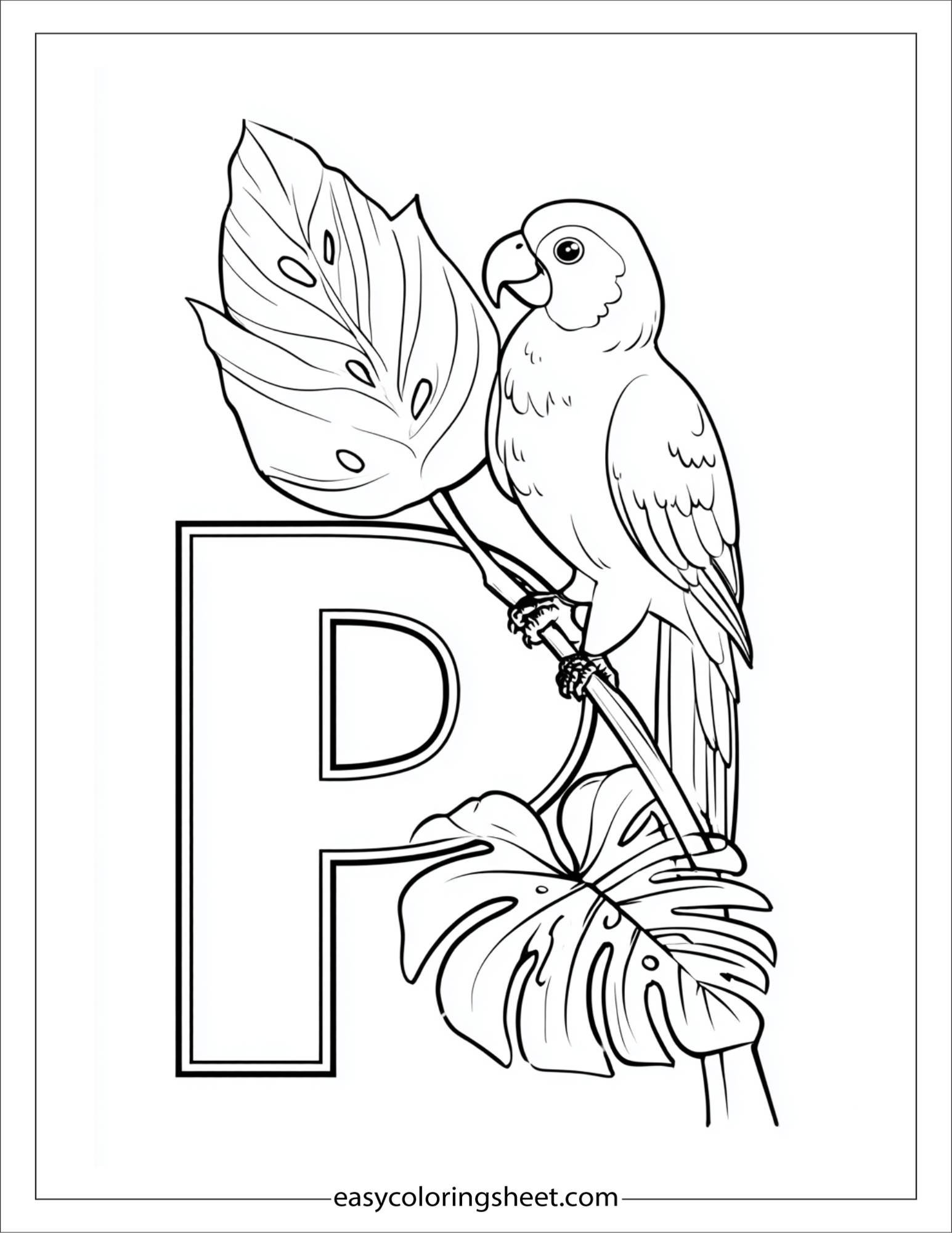 alphabet P parrot leaf coloring page