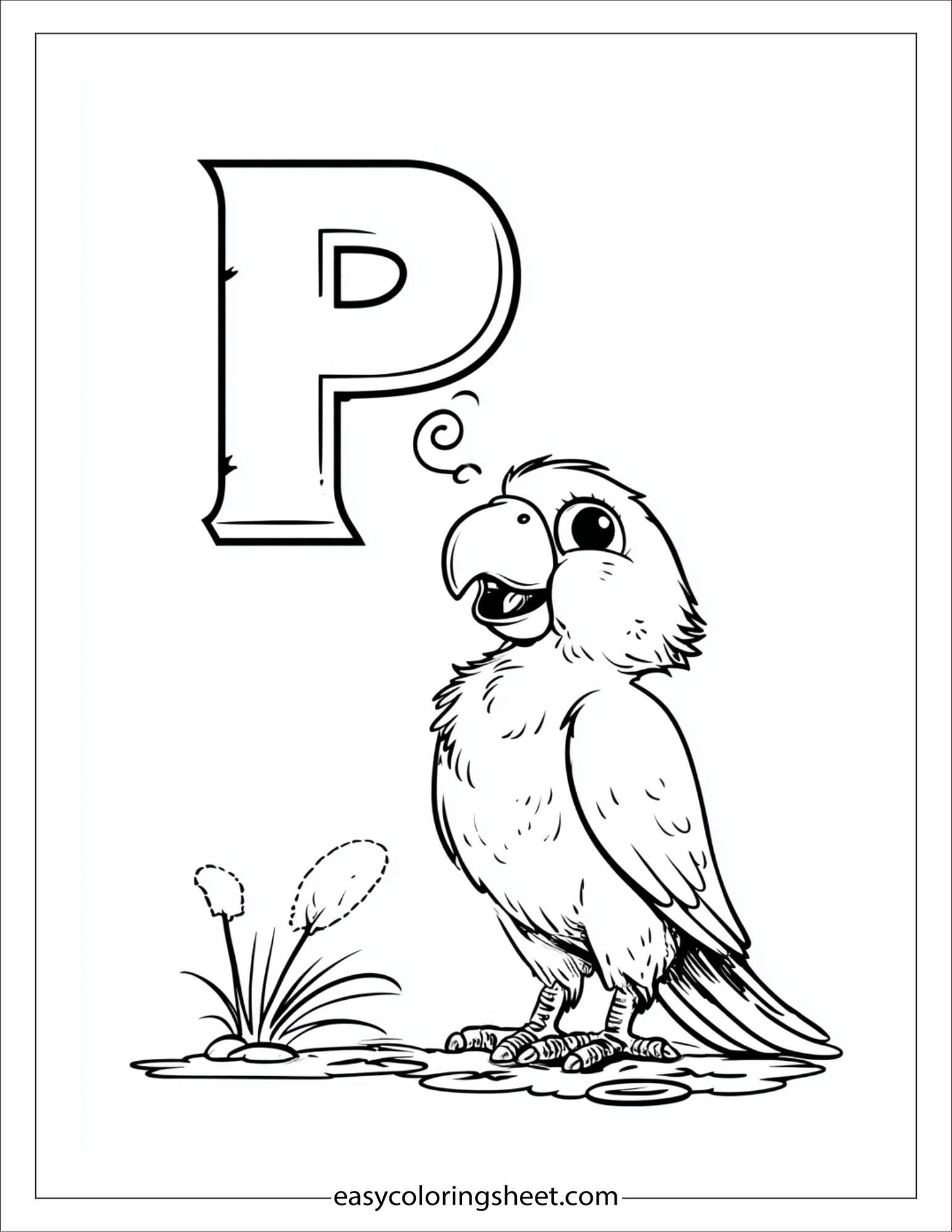 alphabet P parrot talking coloring page