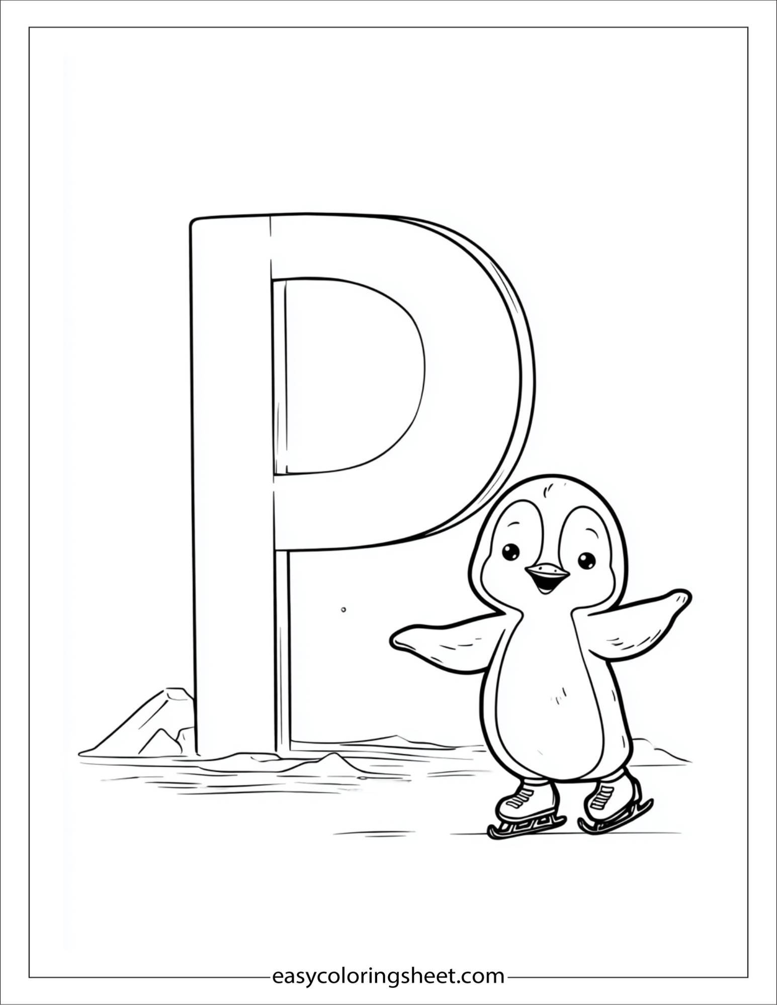 alphabet P penguin ice skating coloring page