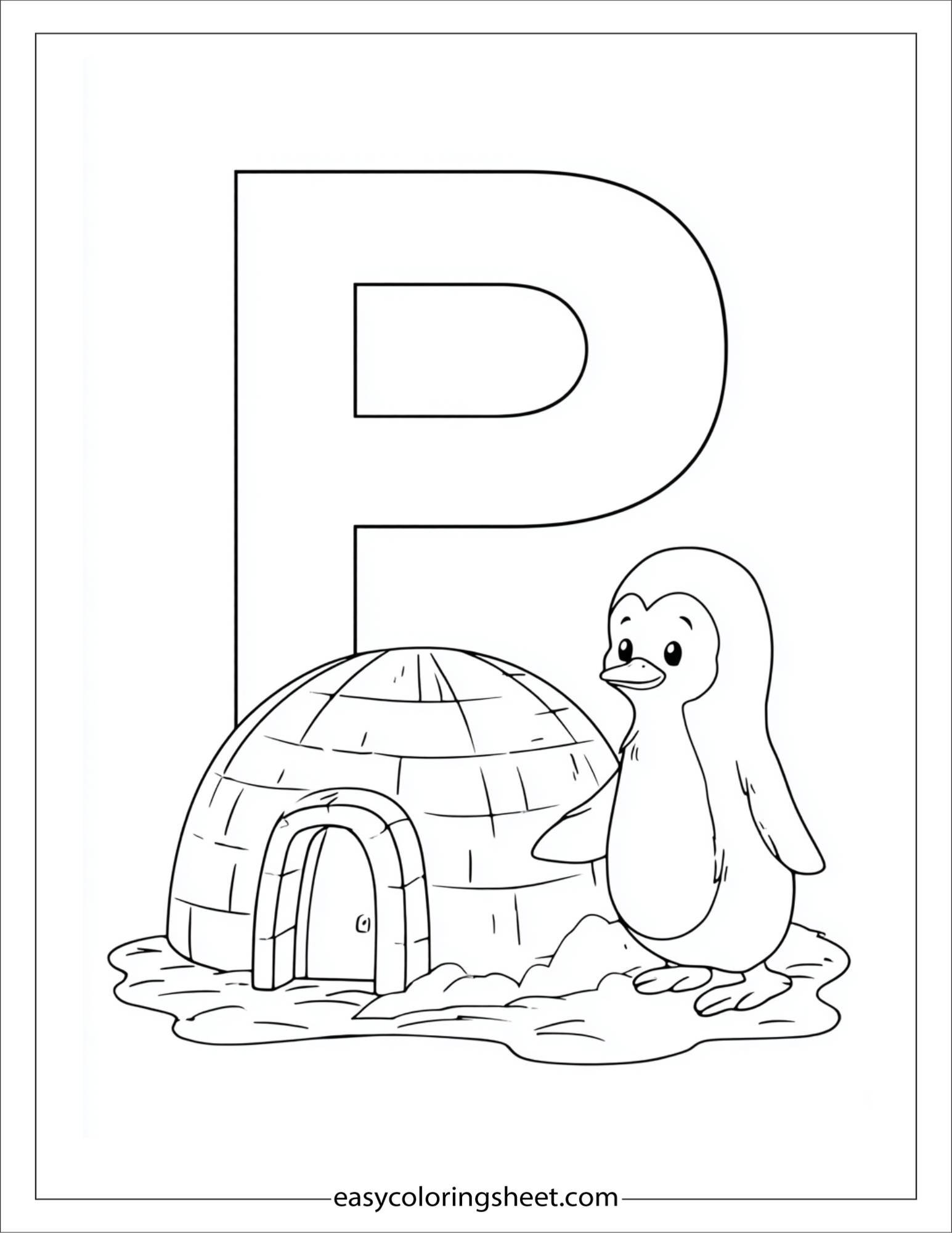 alphabet P penguin igloo coloring page