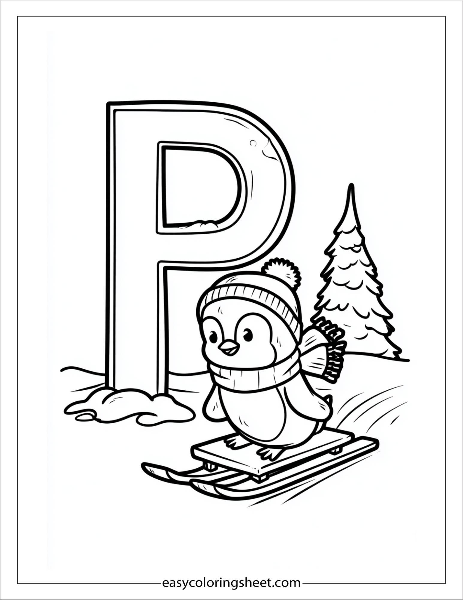 alphabet P penguin sled coloring page