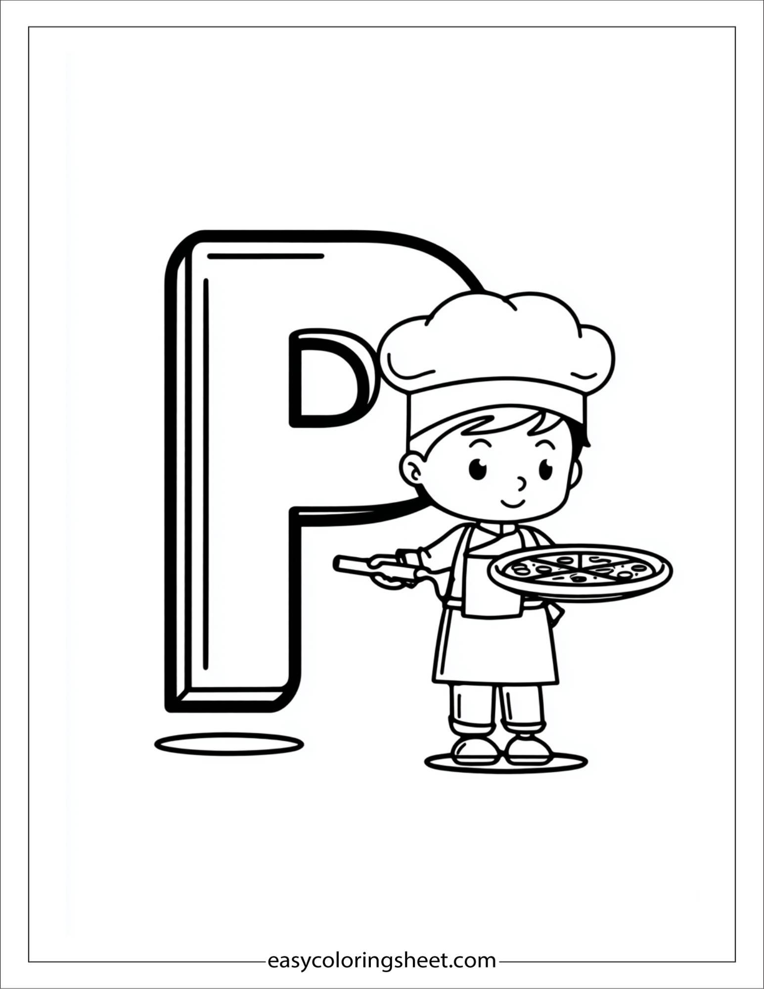 alphabet P pizza chef hat coloring page