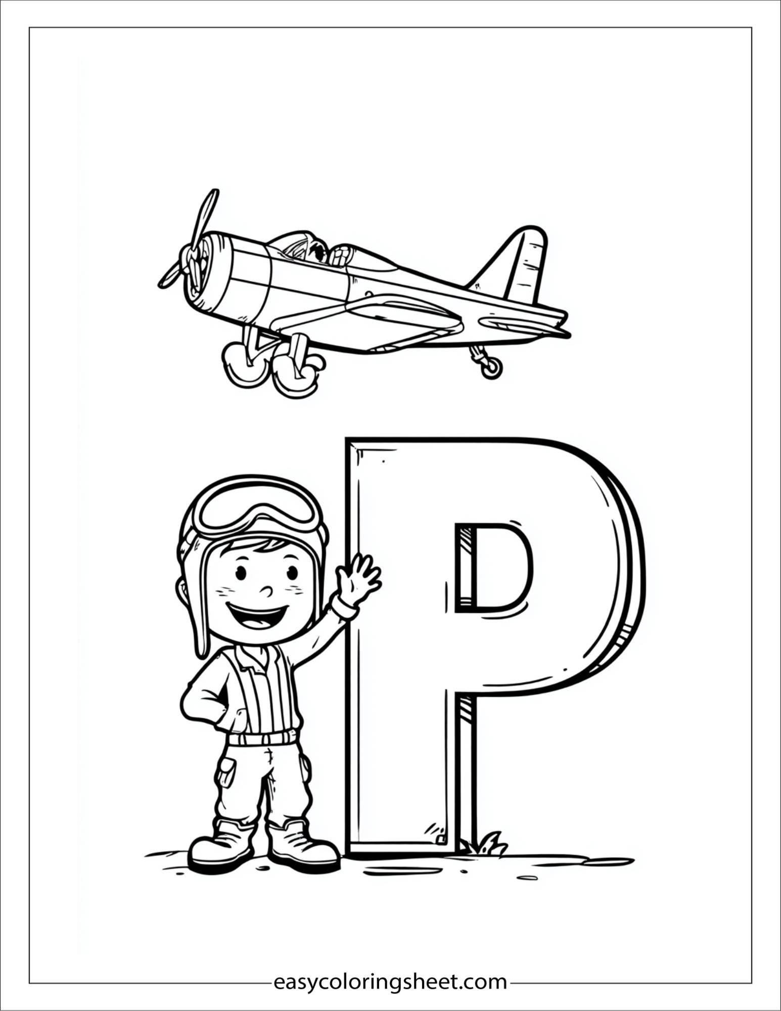 alphabet P plane pilot coloring page