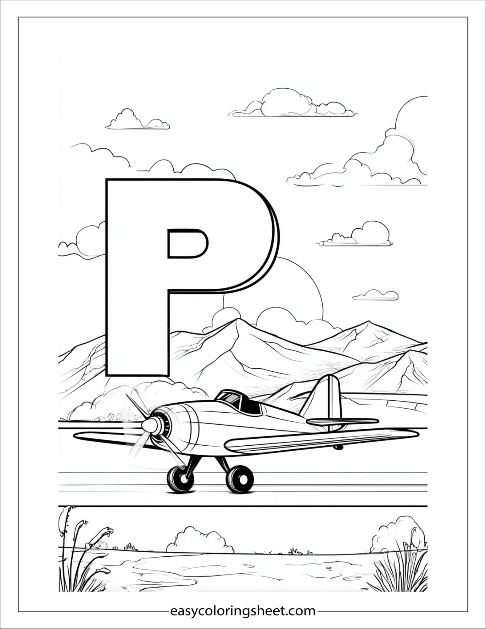 alphabet P plane runway coloring page