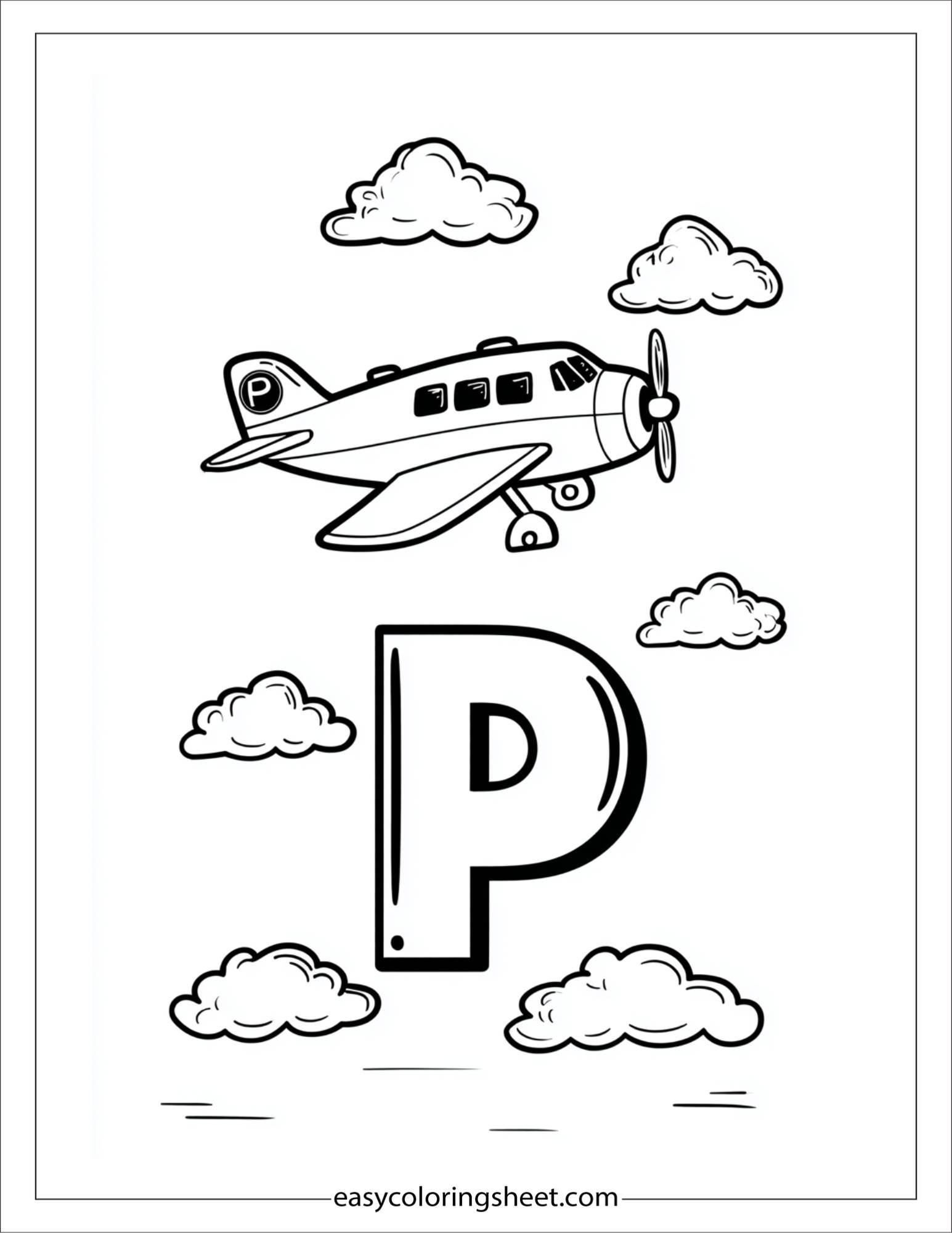 alphabet P plane sky coloring page