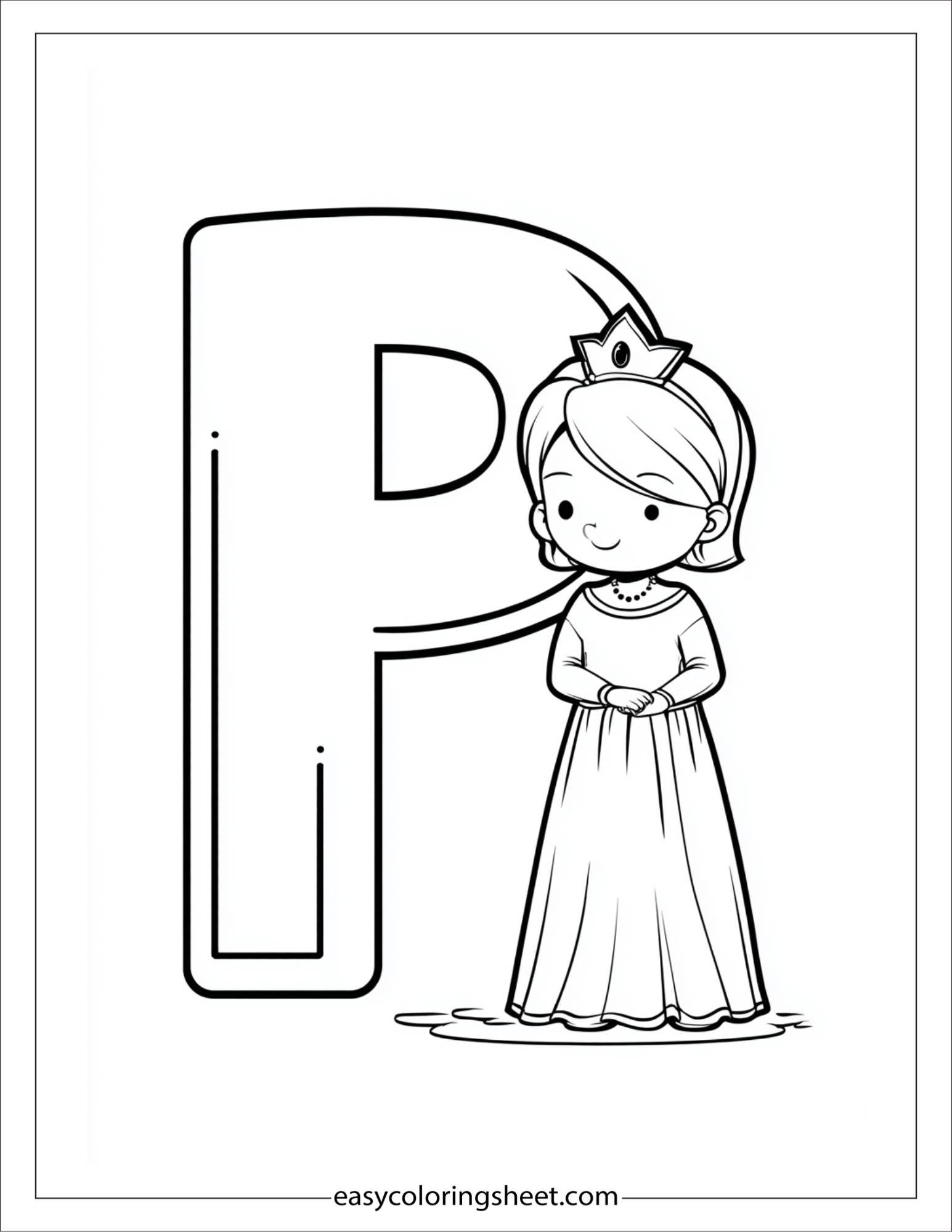 alphabet P princess dress coloring page
