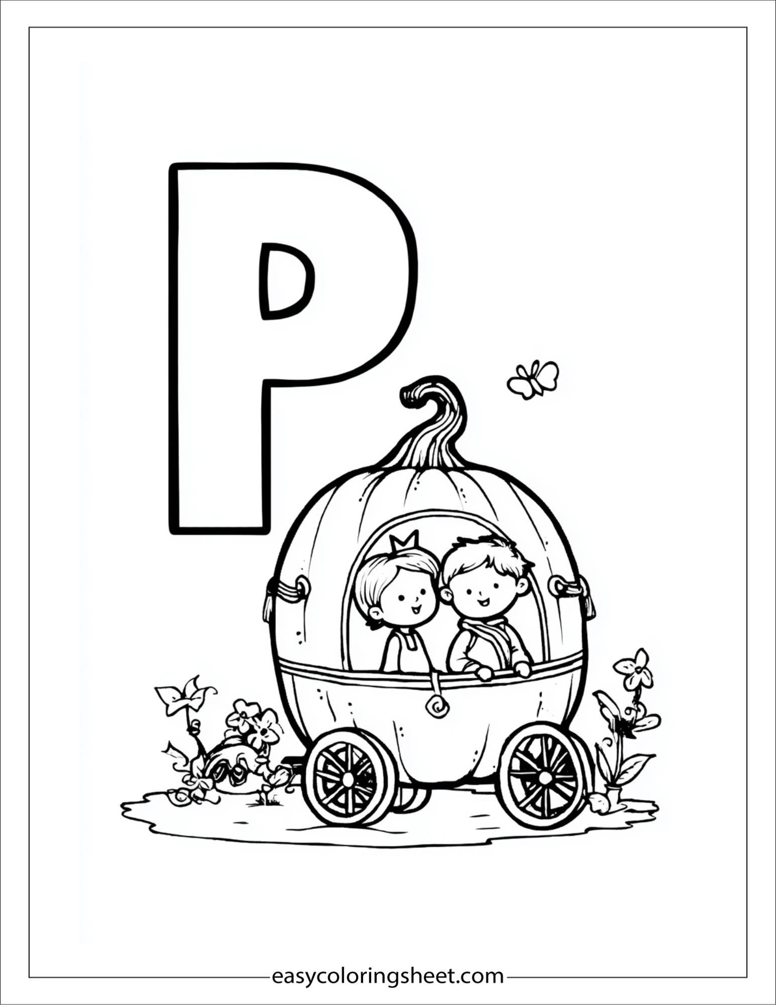 alphabet P pumpkin carriage coloring page