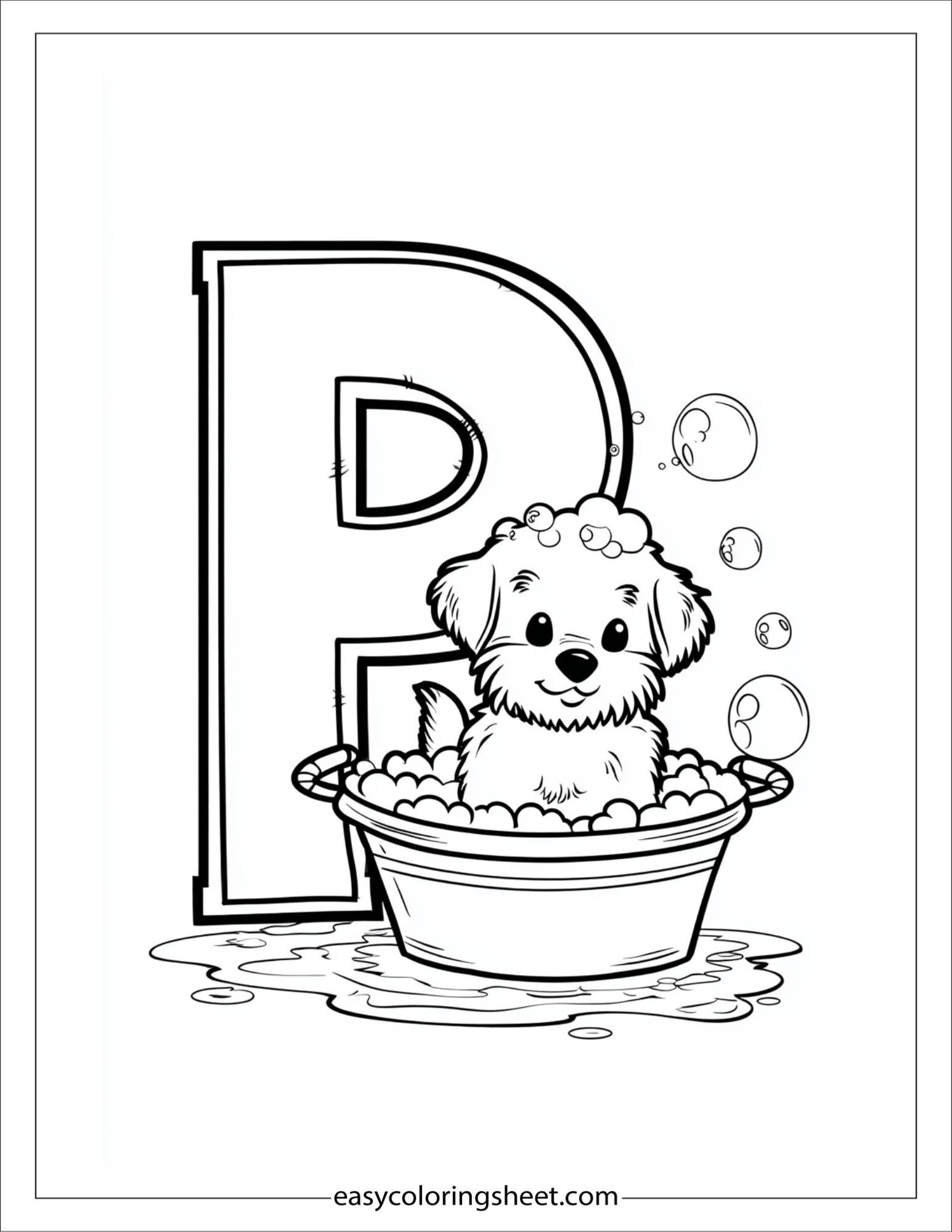 alphabet P puppy bath coloring page