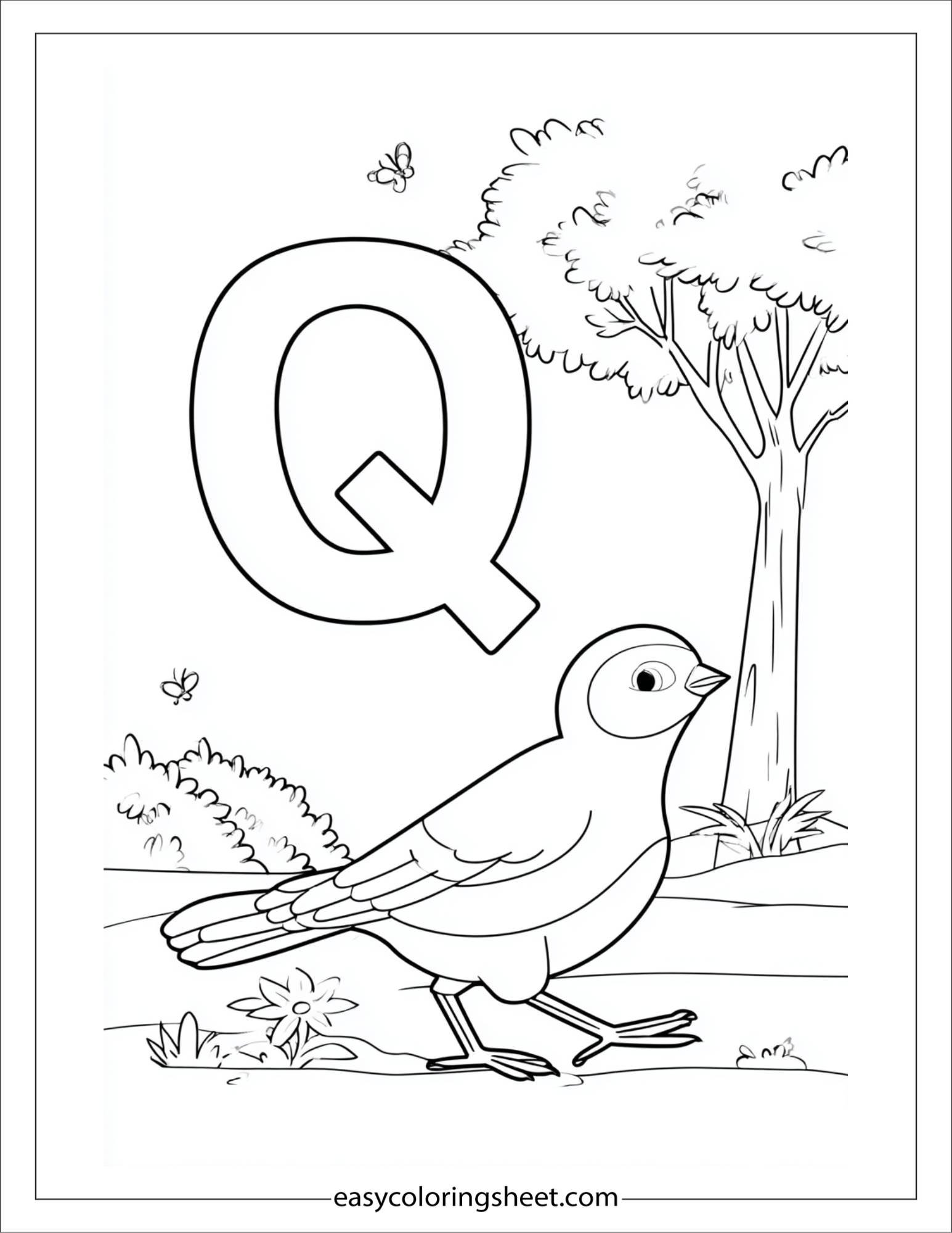 alphabet Q quail forest coloring page