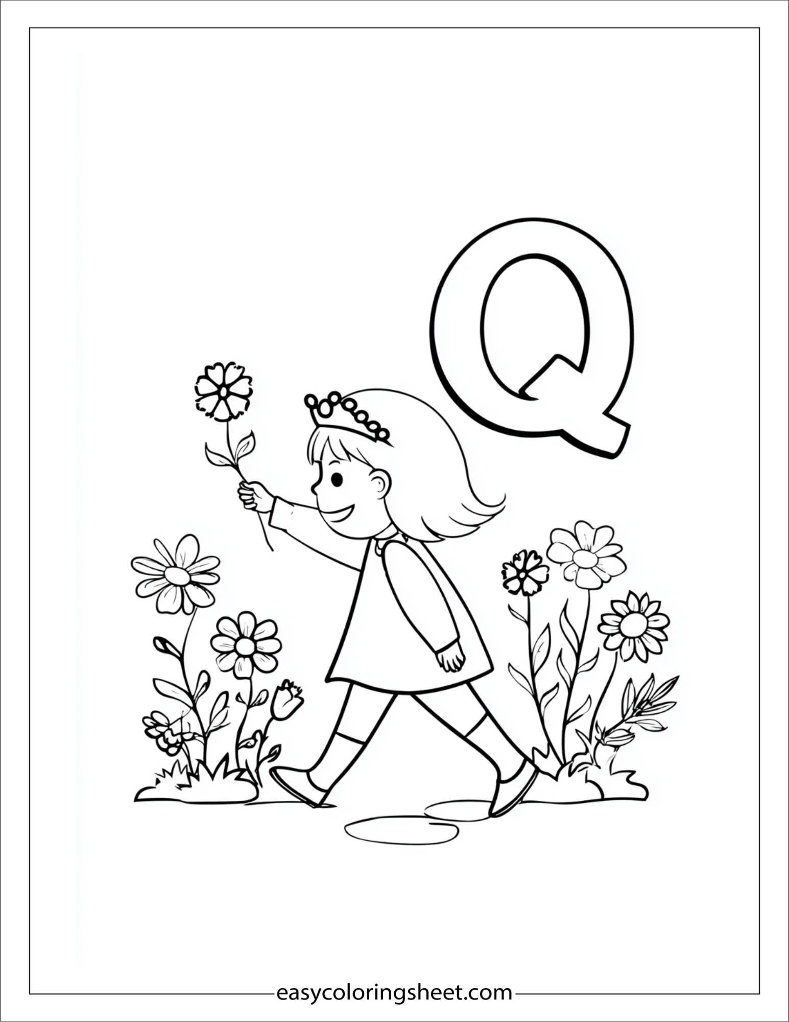 alphabet Q queen garden coloring page