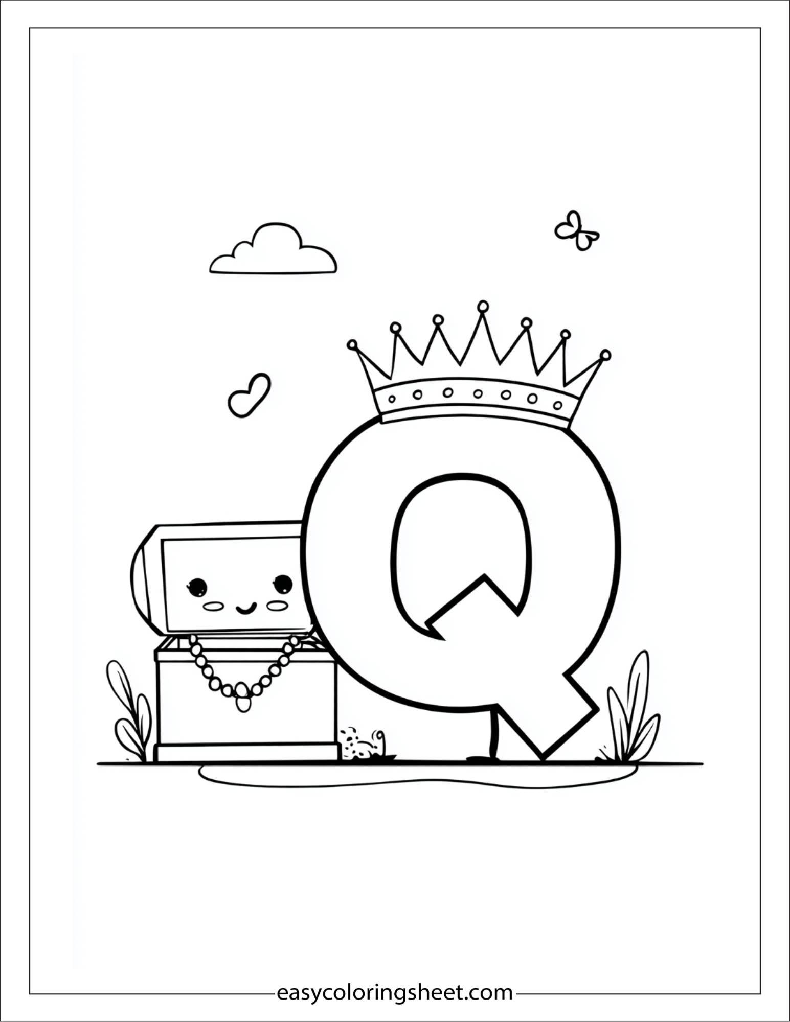 alphabet Q queen jewels box coloring page