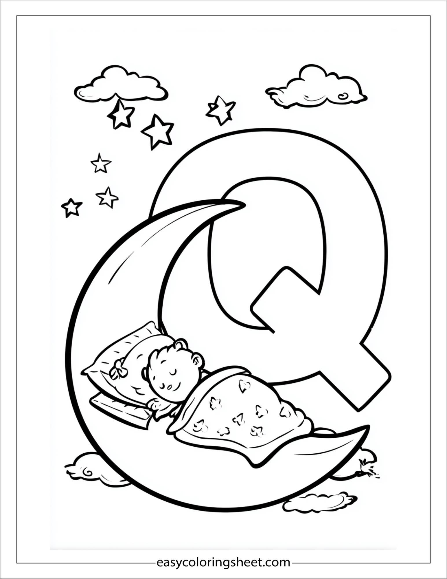 alphabet Q quiet moon coloring page