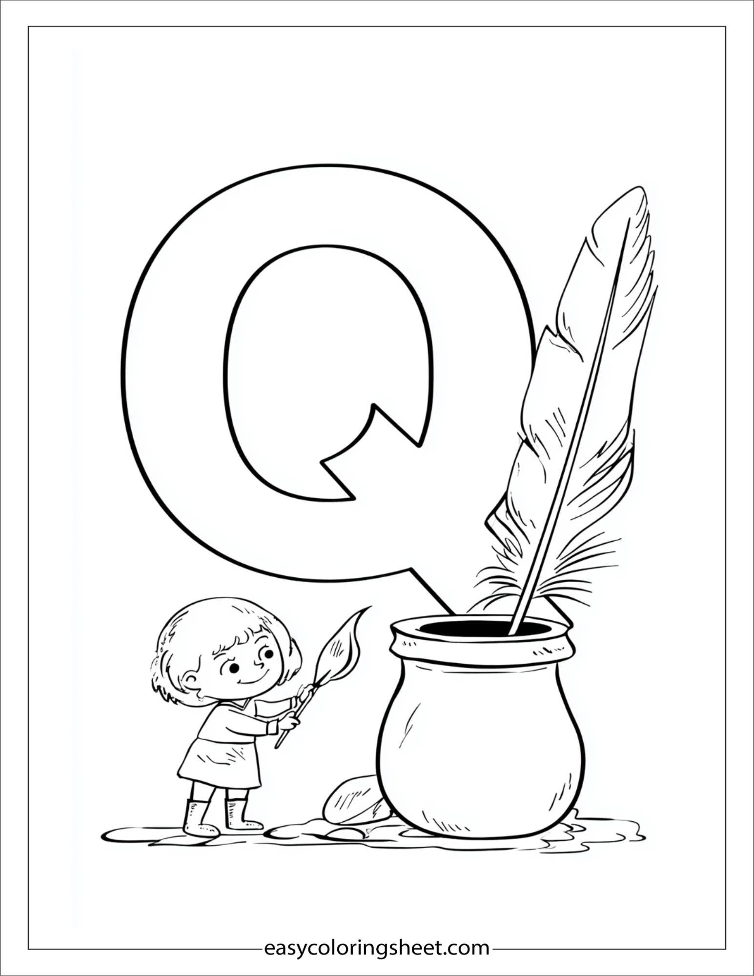 alphabet Q quill ink coloring page