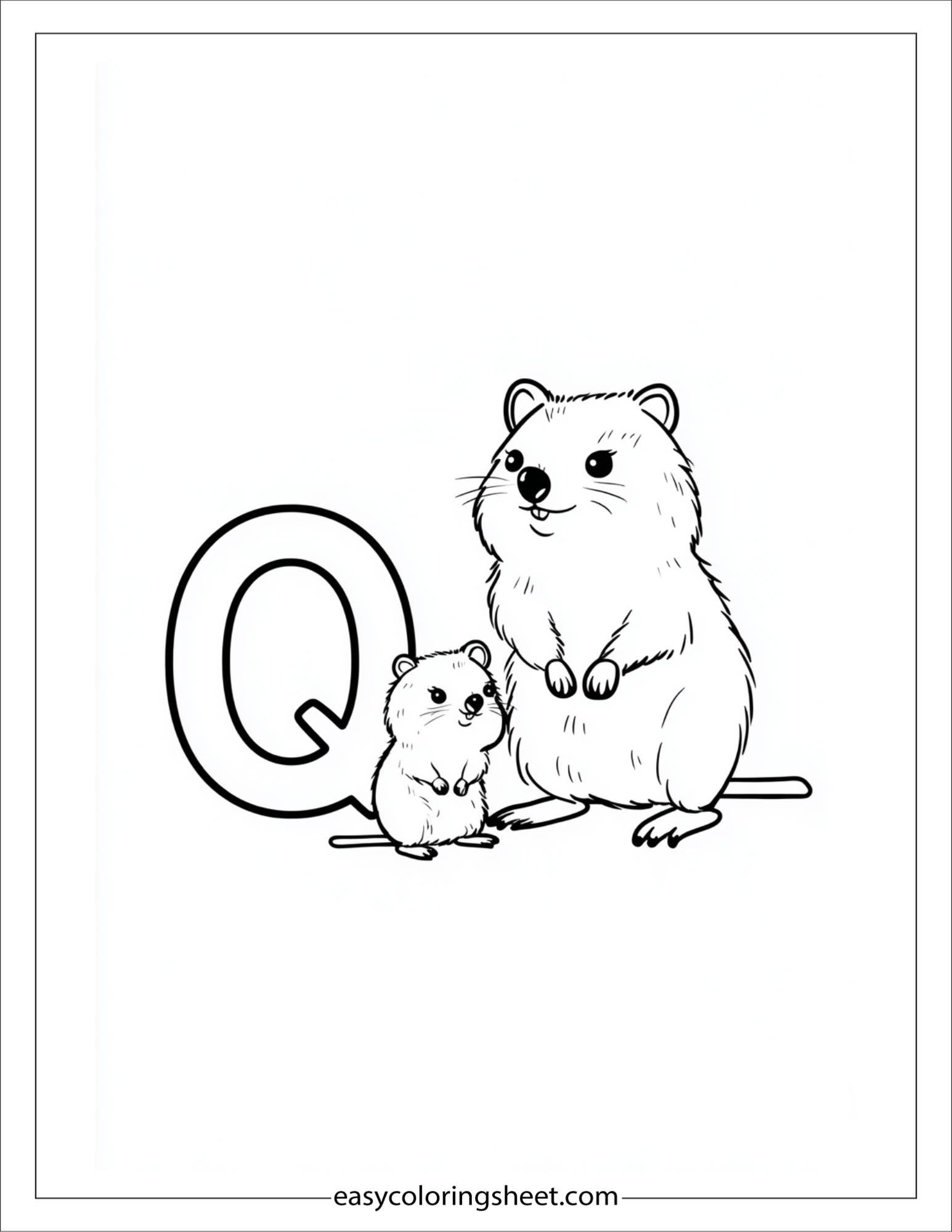 alphabet Q quokka family coloring page