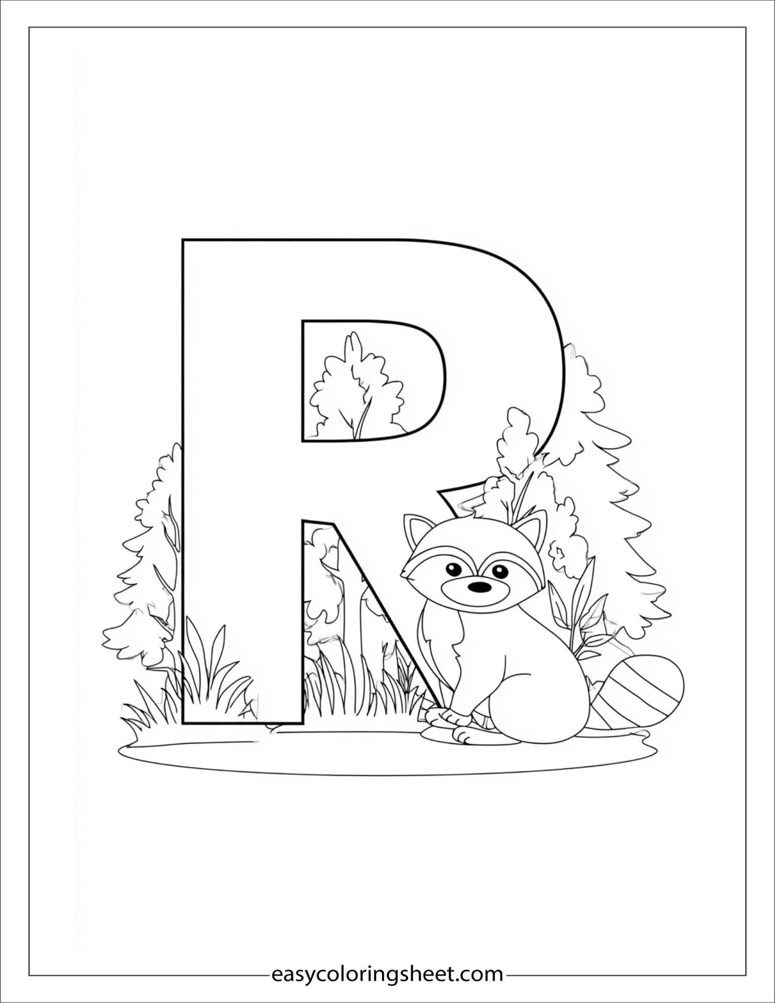 alphabet R raccoon forest coloring page