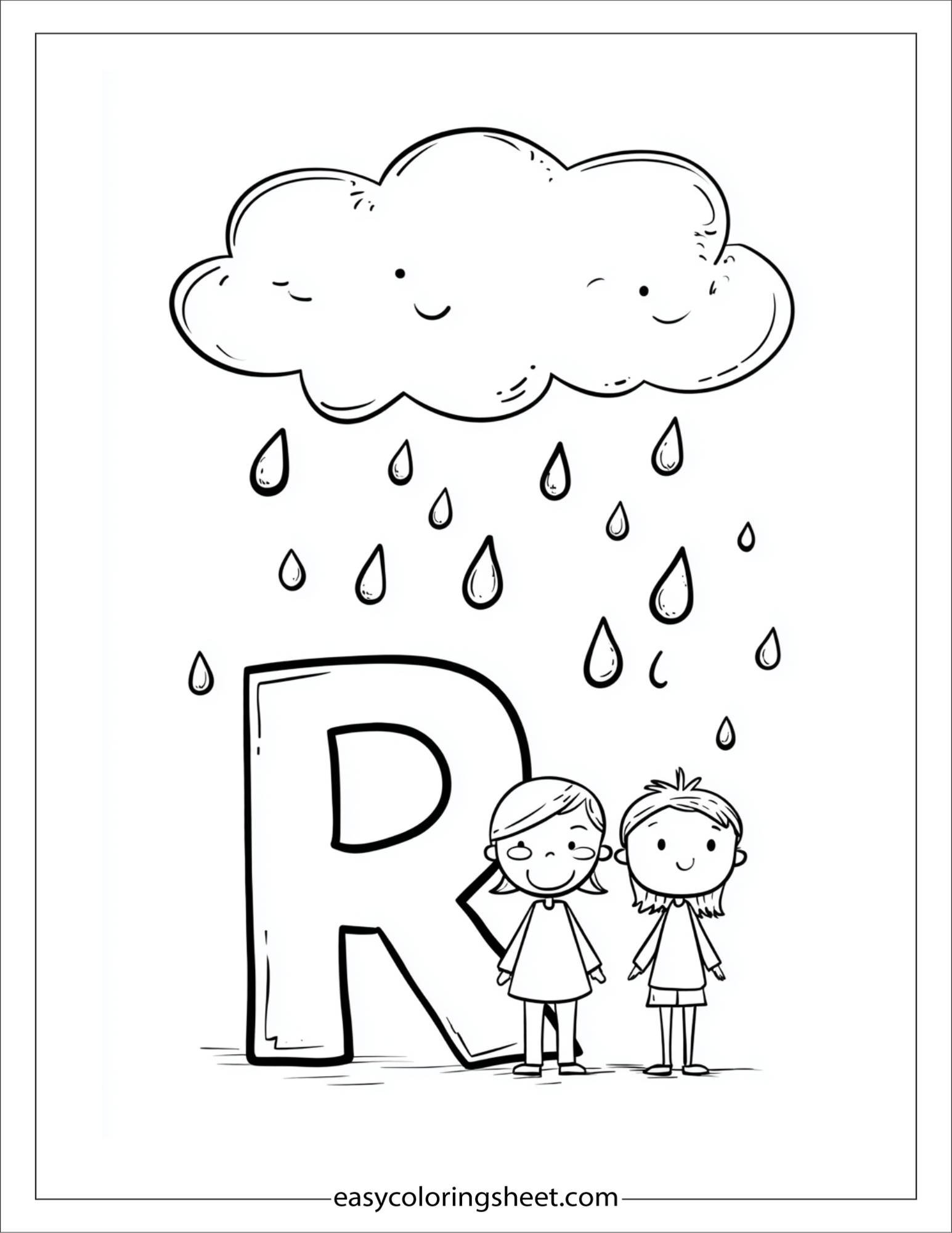 alphabet R rain coloring page
