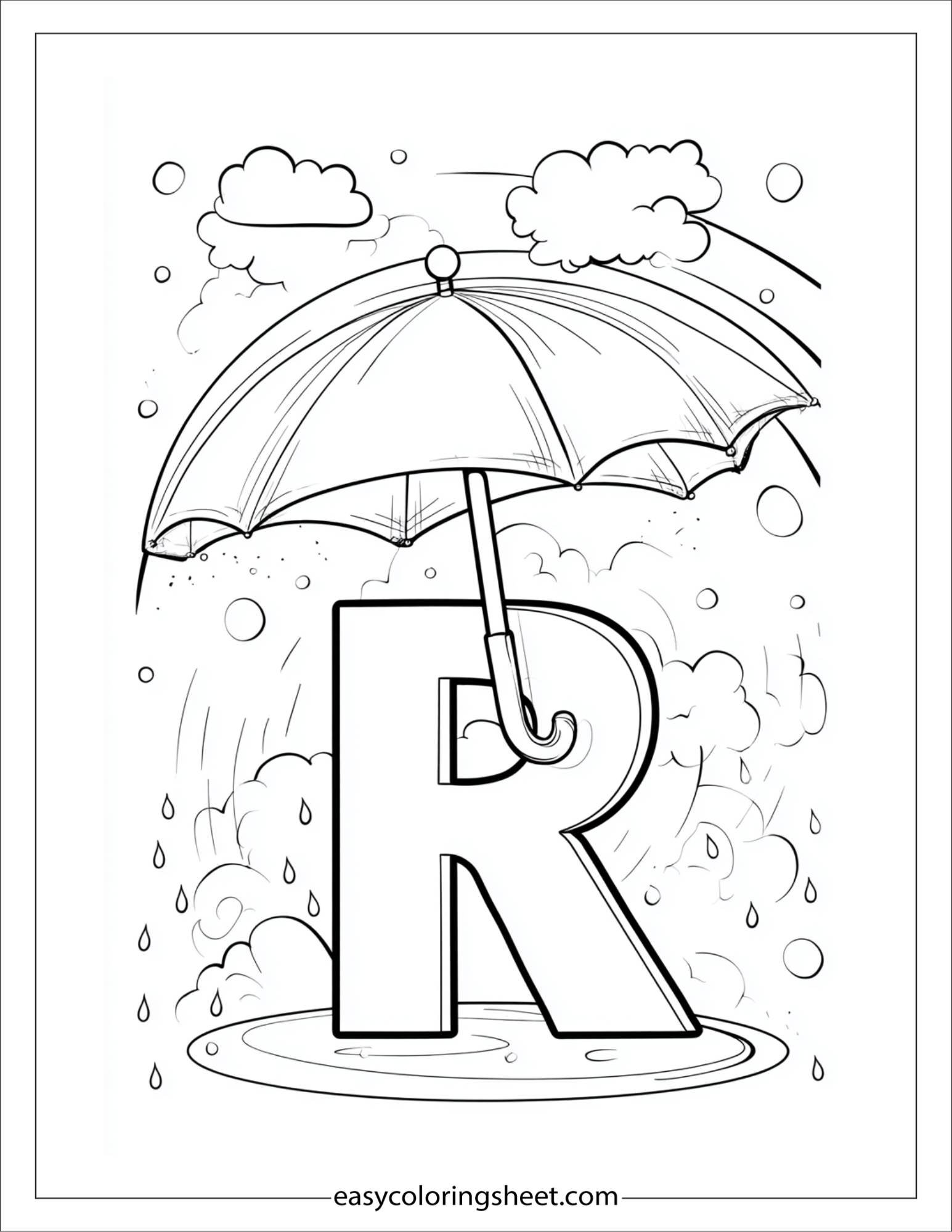 alphabet R rainbow umbrella coloring page
