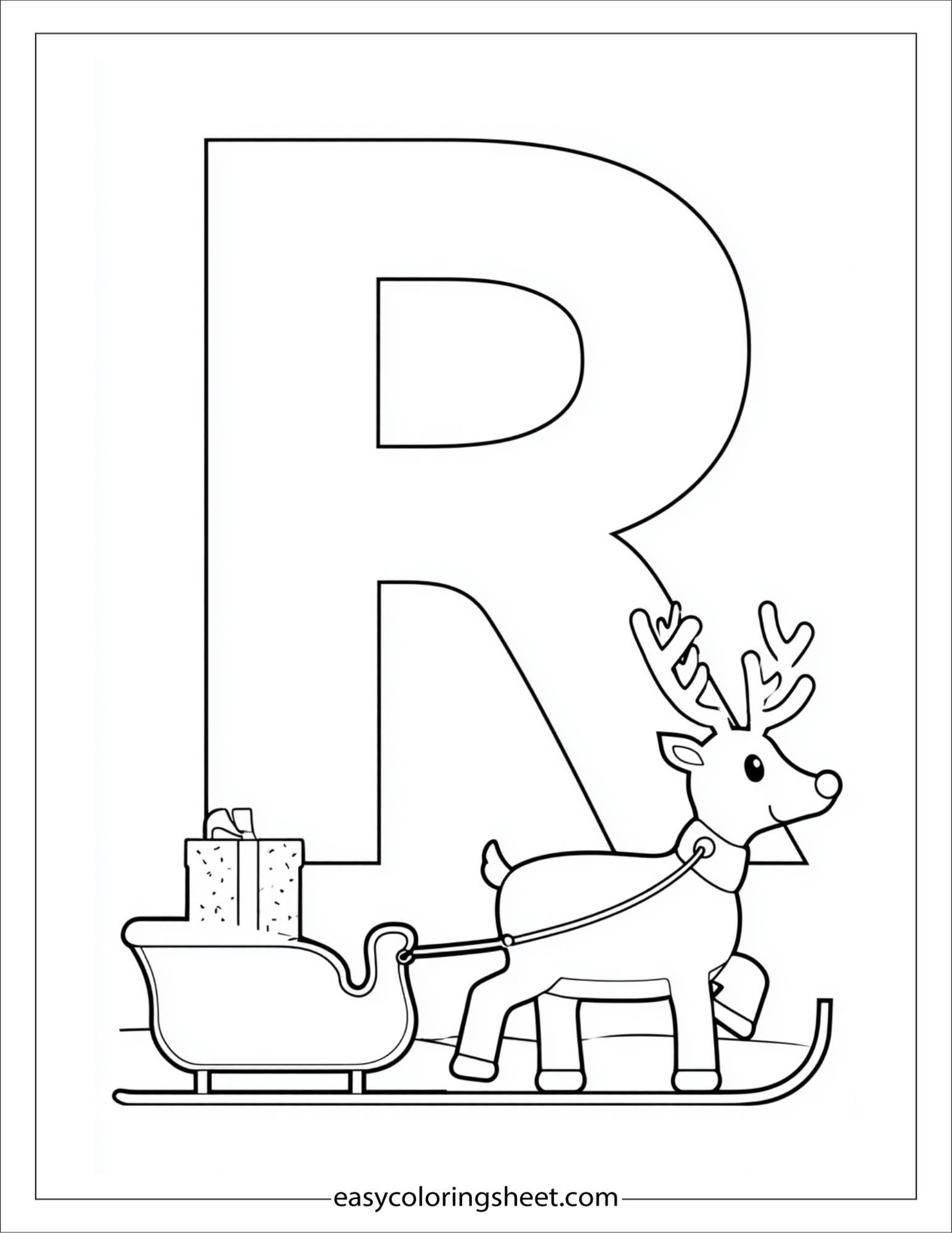 alphabet R reindeer sleigh coloring page